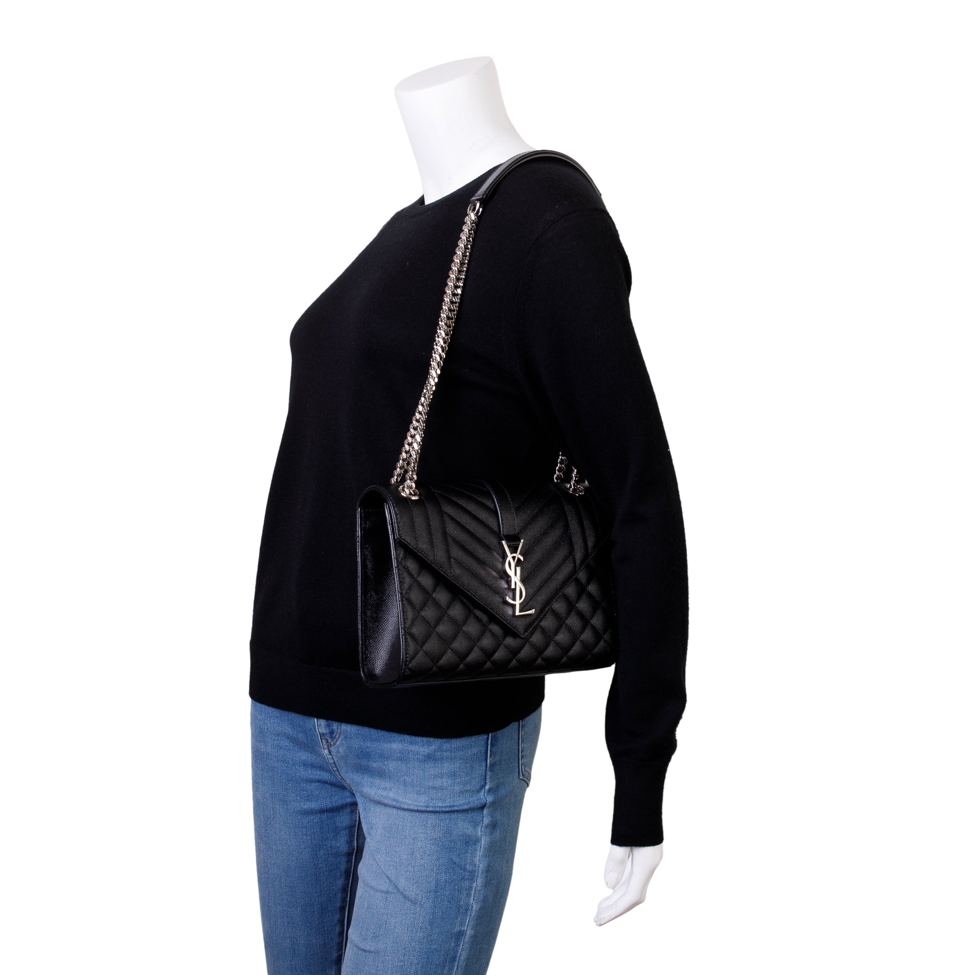 Saint Laurent 2022 Black Grained De Poudre Medium Envelope Shoulder Bag w/ Box & Receipt