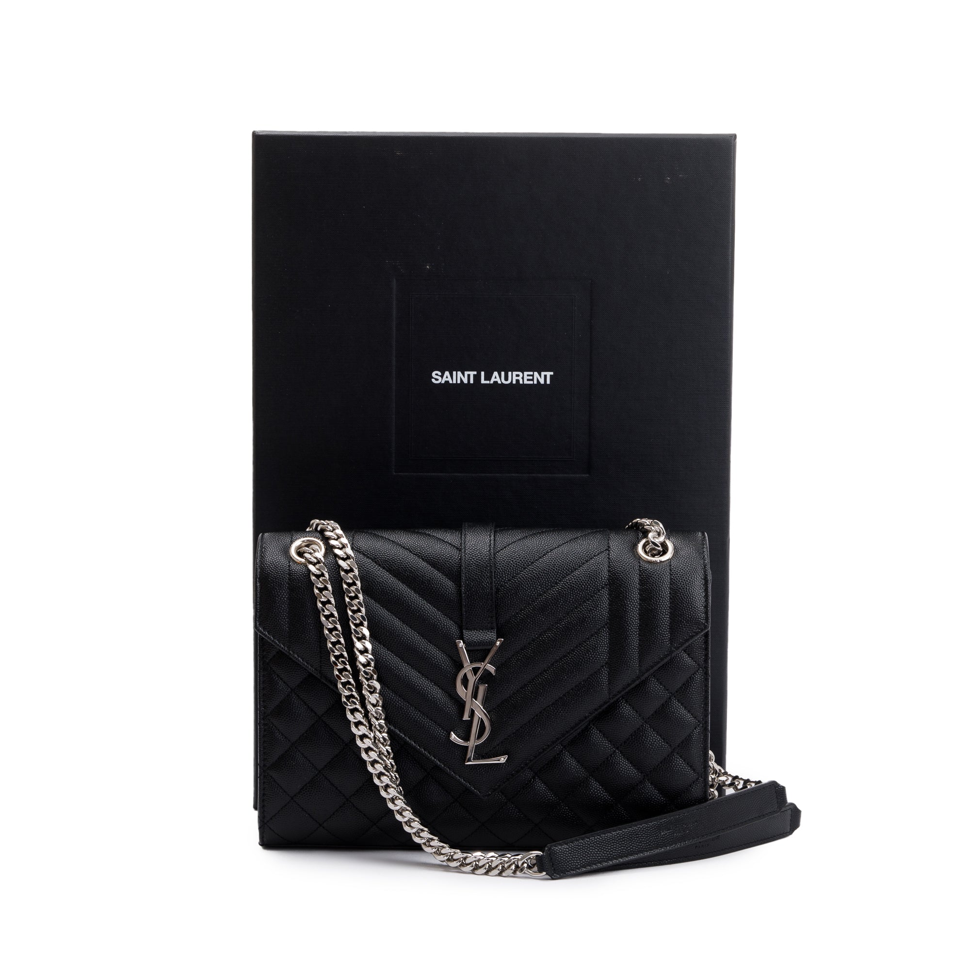 Saint Laurent 2022 Black Grained De Poudre Medium Envelope Shoulder Bag w/ Box & Receipt