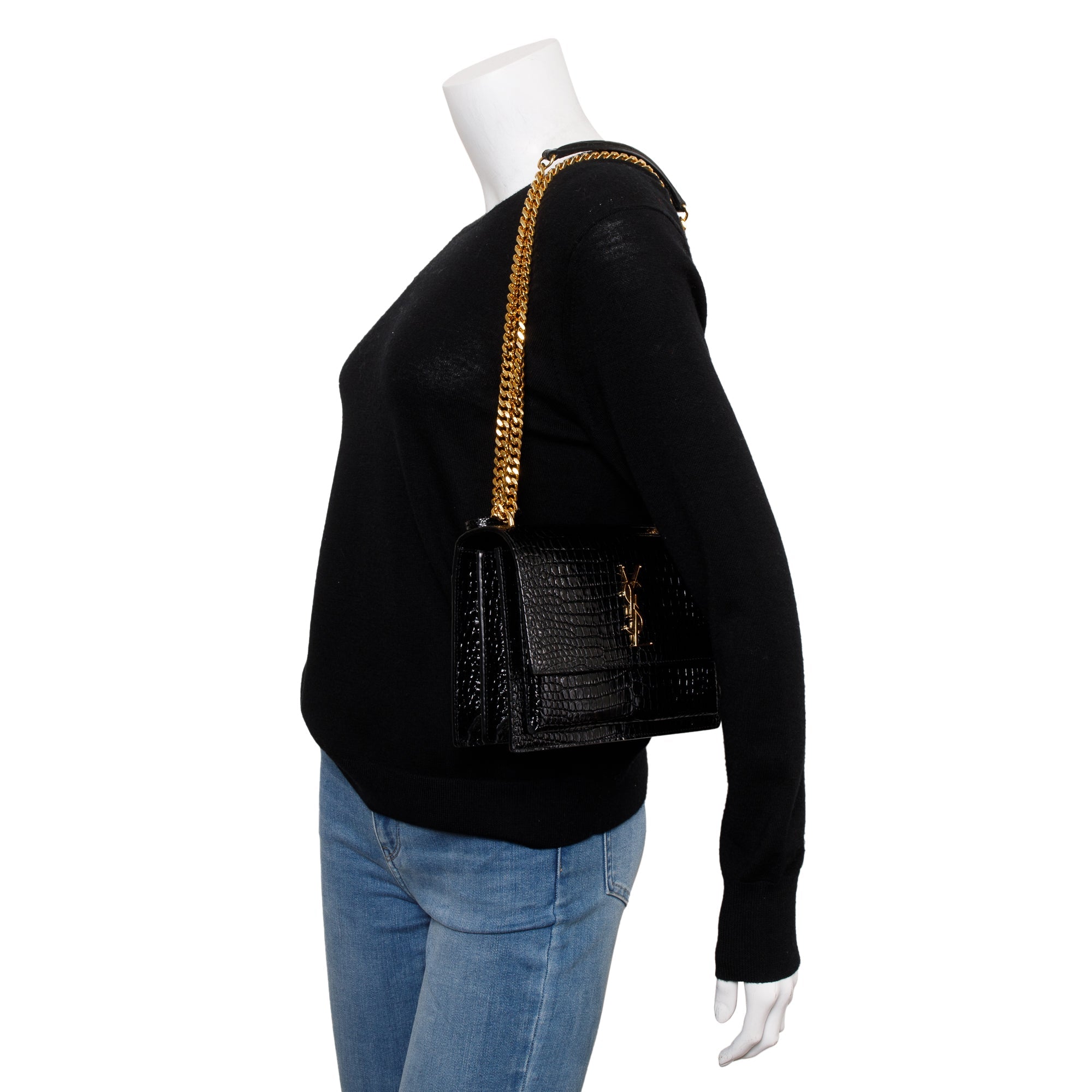 Saint Laurent 2022 Black Medium Crocodile Embossed Sunset Bag w/ Box