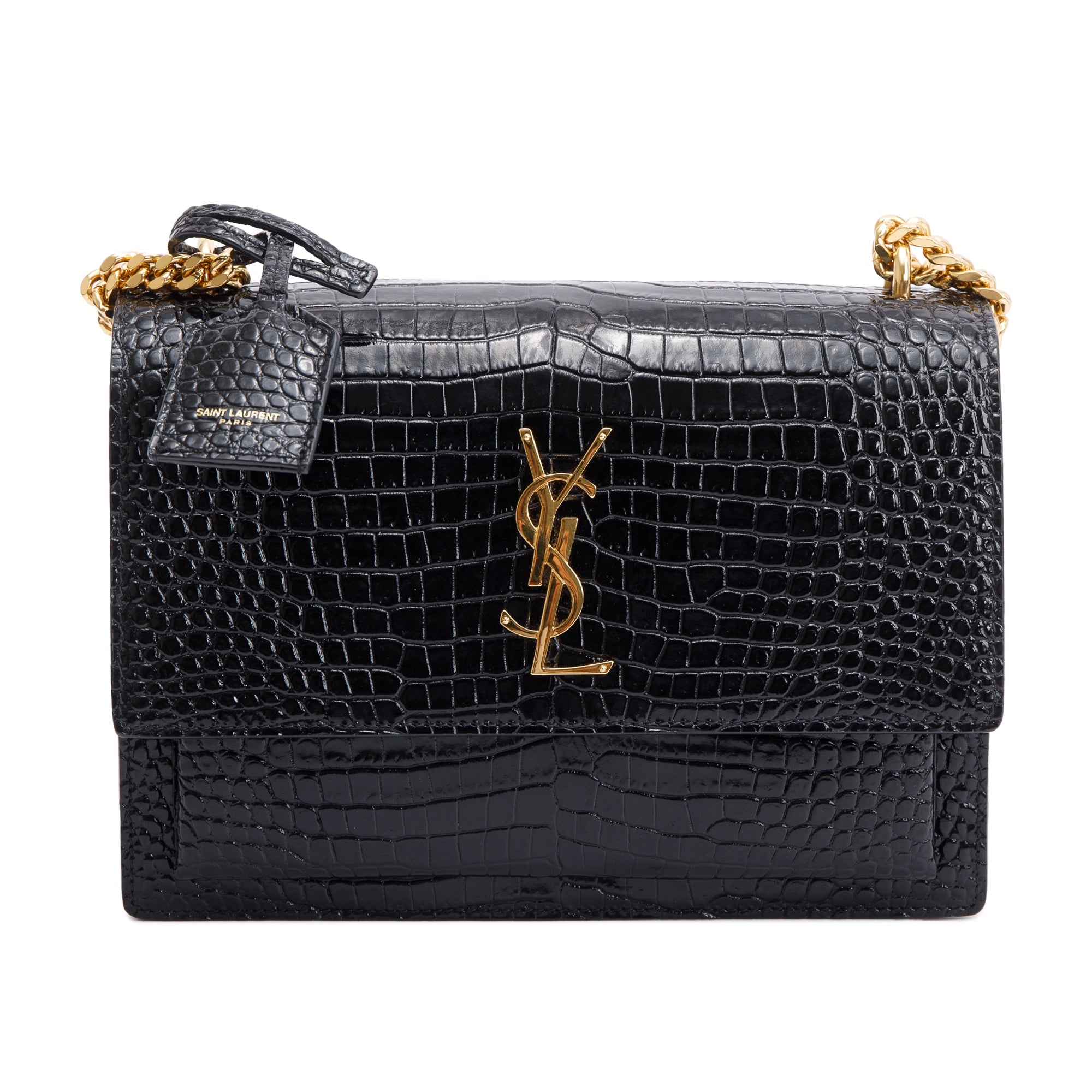 Saint Laurent 2022 Black Medium Crocodile Embossed Sunset Bag w/ Box