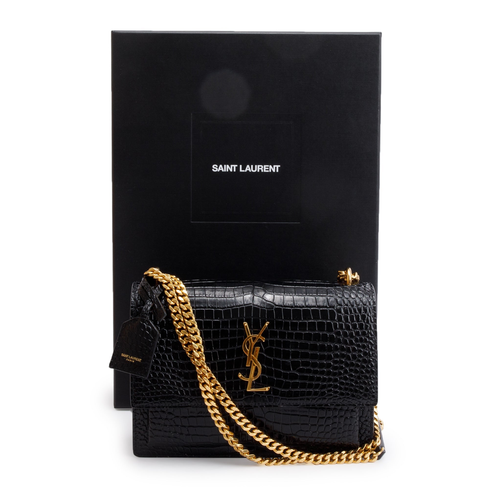 Saint Laurent 2022 Black Medium Crocodile Embossed Sunset Bag w/ Box & Receipt