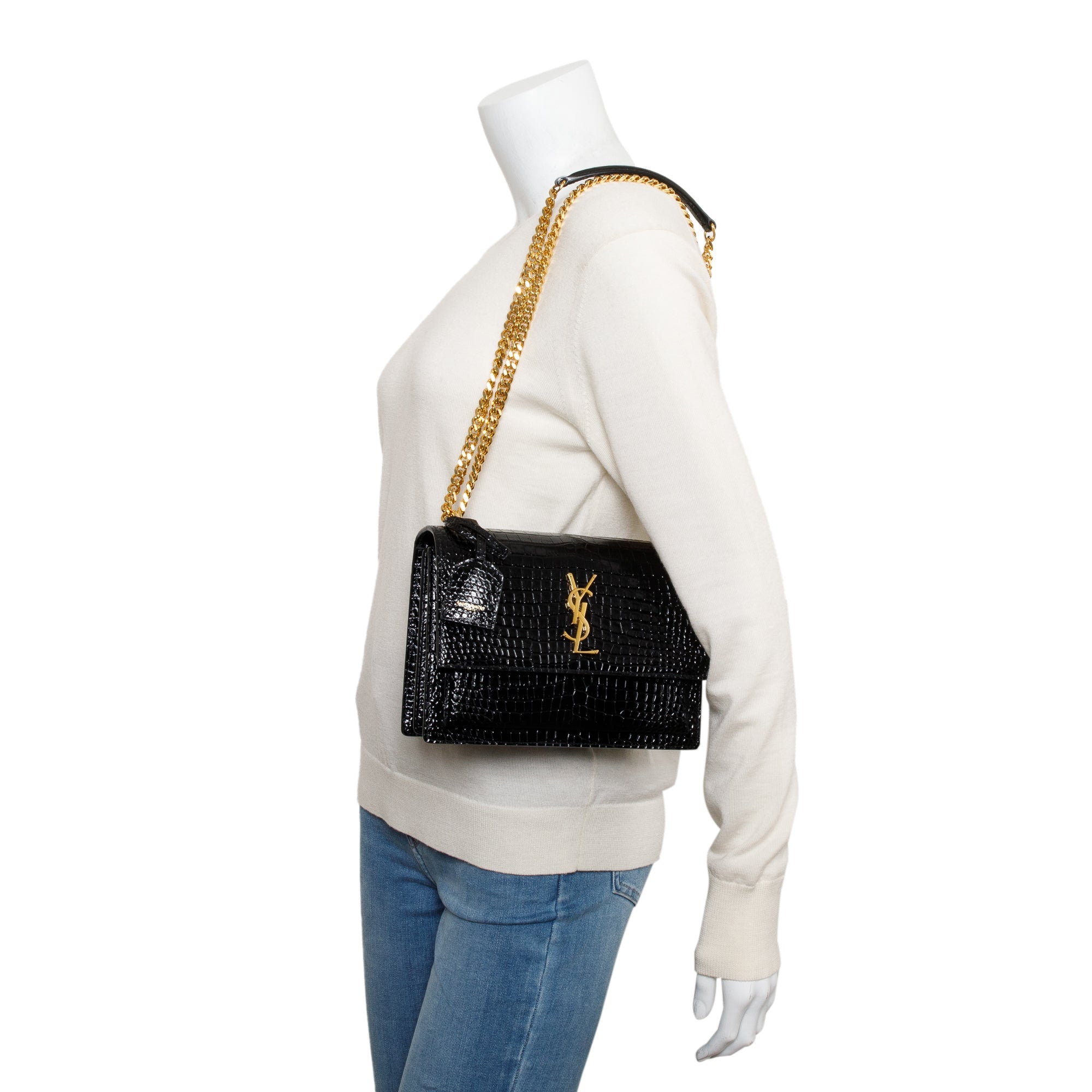 Saint Laurent 2022 Black Medium Crocodile Embossed Sunset Bag w/ Box & Receipt