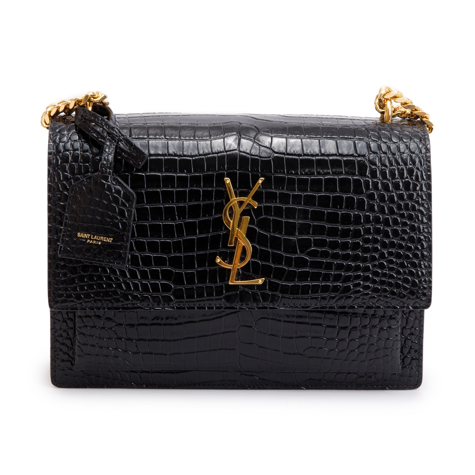 Saint Laurent 2022 Black Medium Crocodile Embossed Sunset Bag w/ Box & Receipt