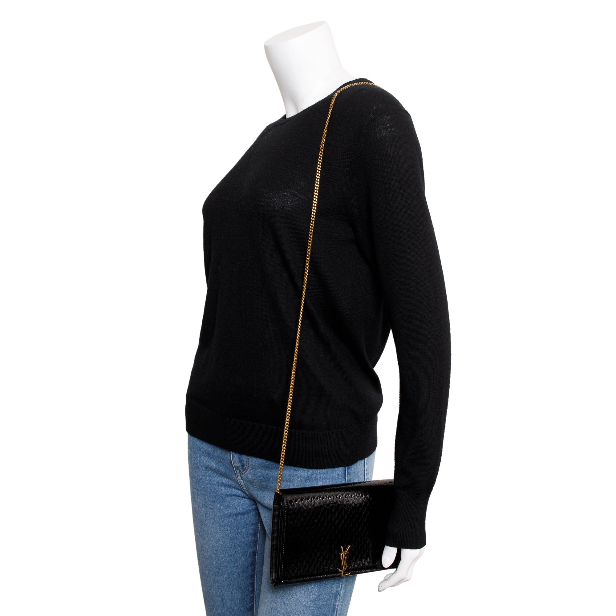 Saint Laurent 2022 Black Python Embossed Patent Leather Chain Wallet