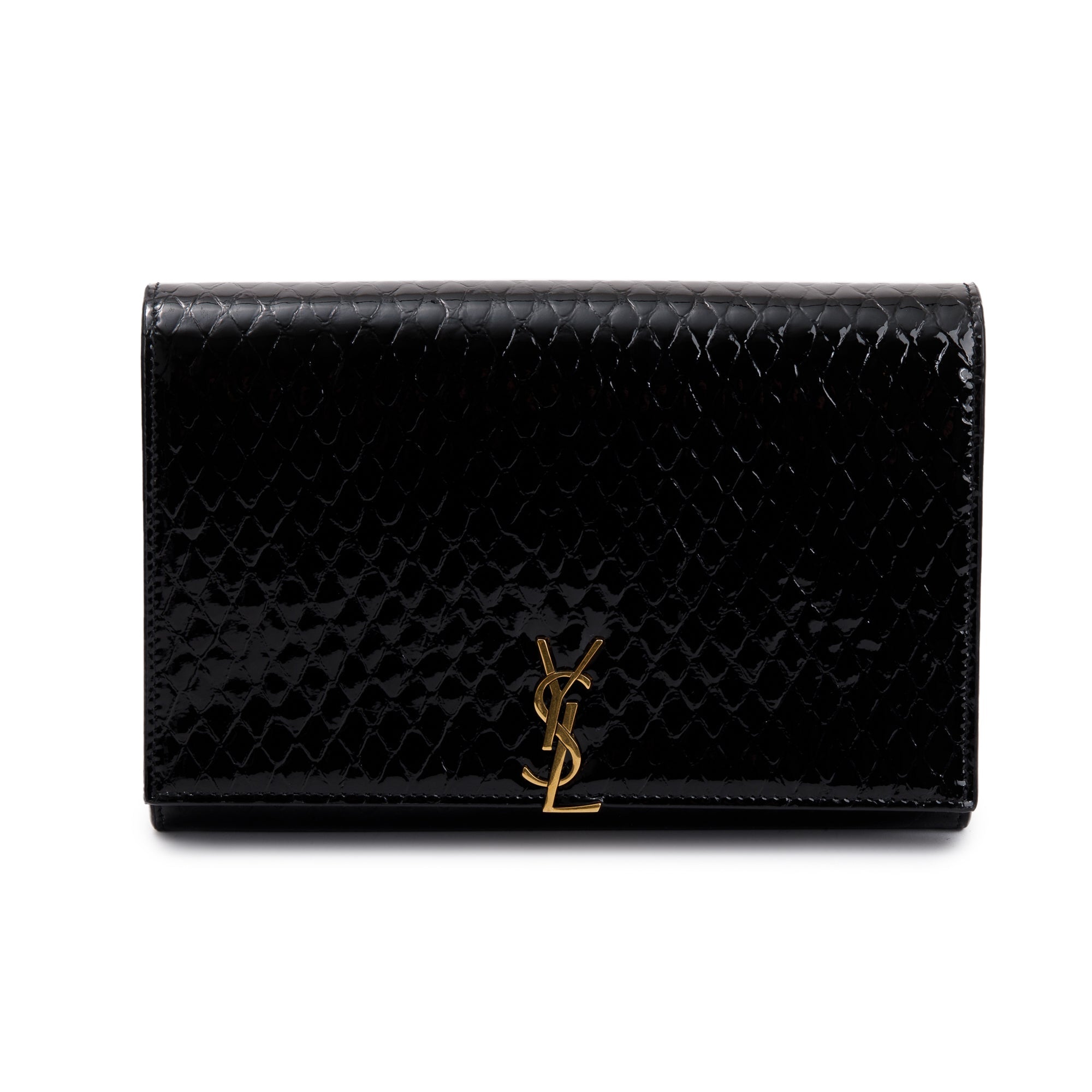 Saint Laurent 2022 Black Python Embossed Patent Leather Chain Wallet
