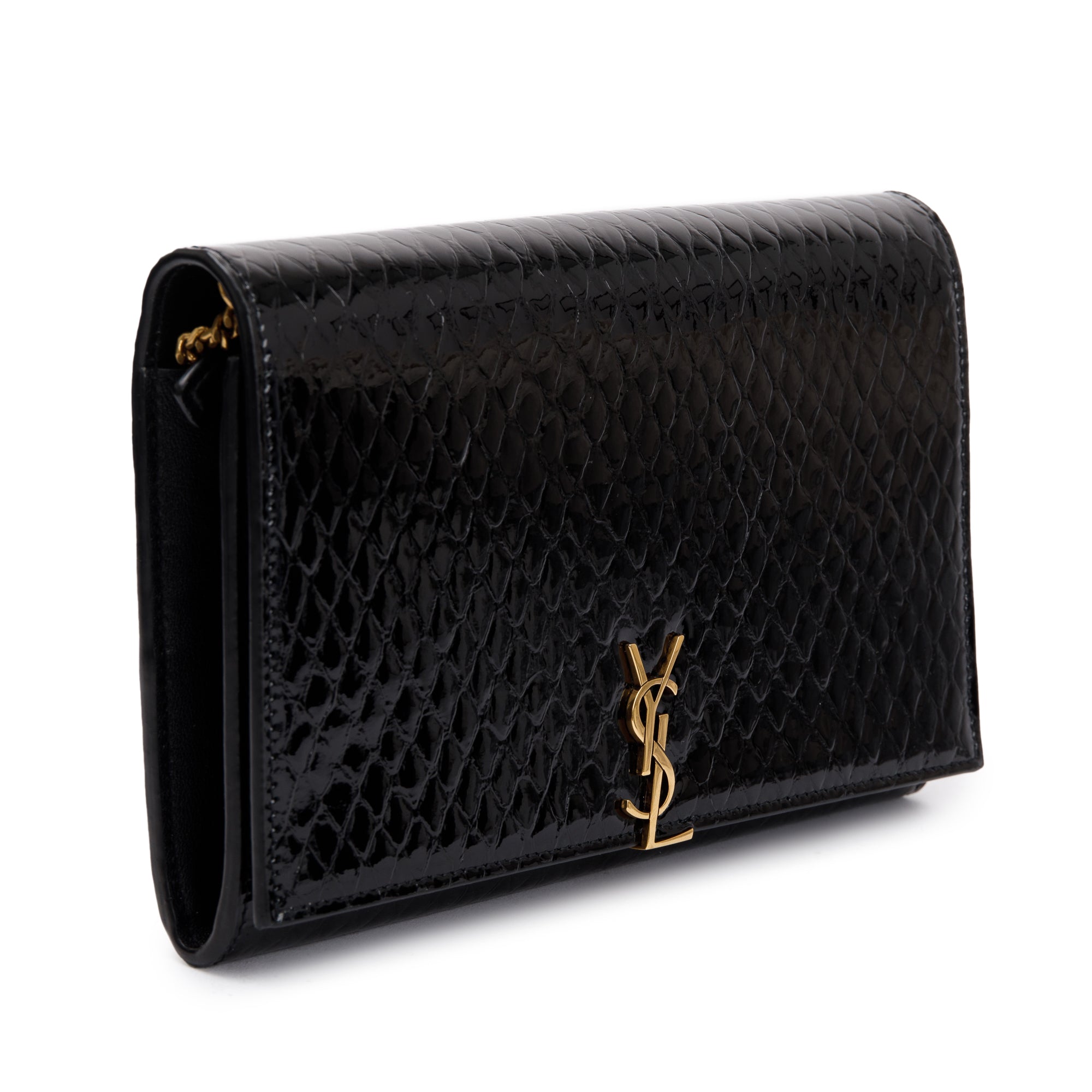 Saint Laurent 2022 Black Python Embossed Patent Leather Chain Wallet