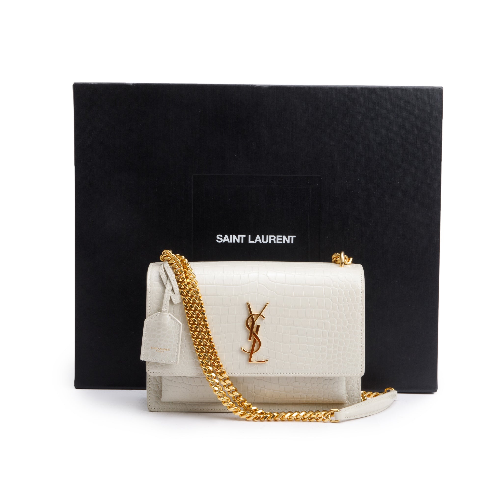 Saint Laurent 2022 Creme Medium Crocodile Embossed Sunset Bag w/ Box & Receipt