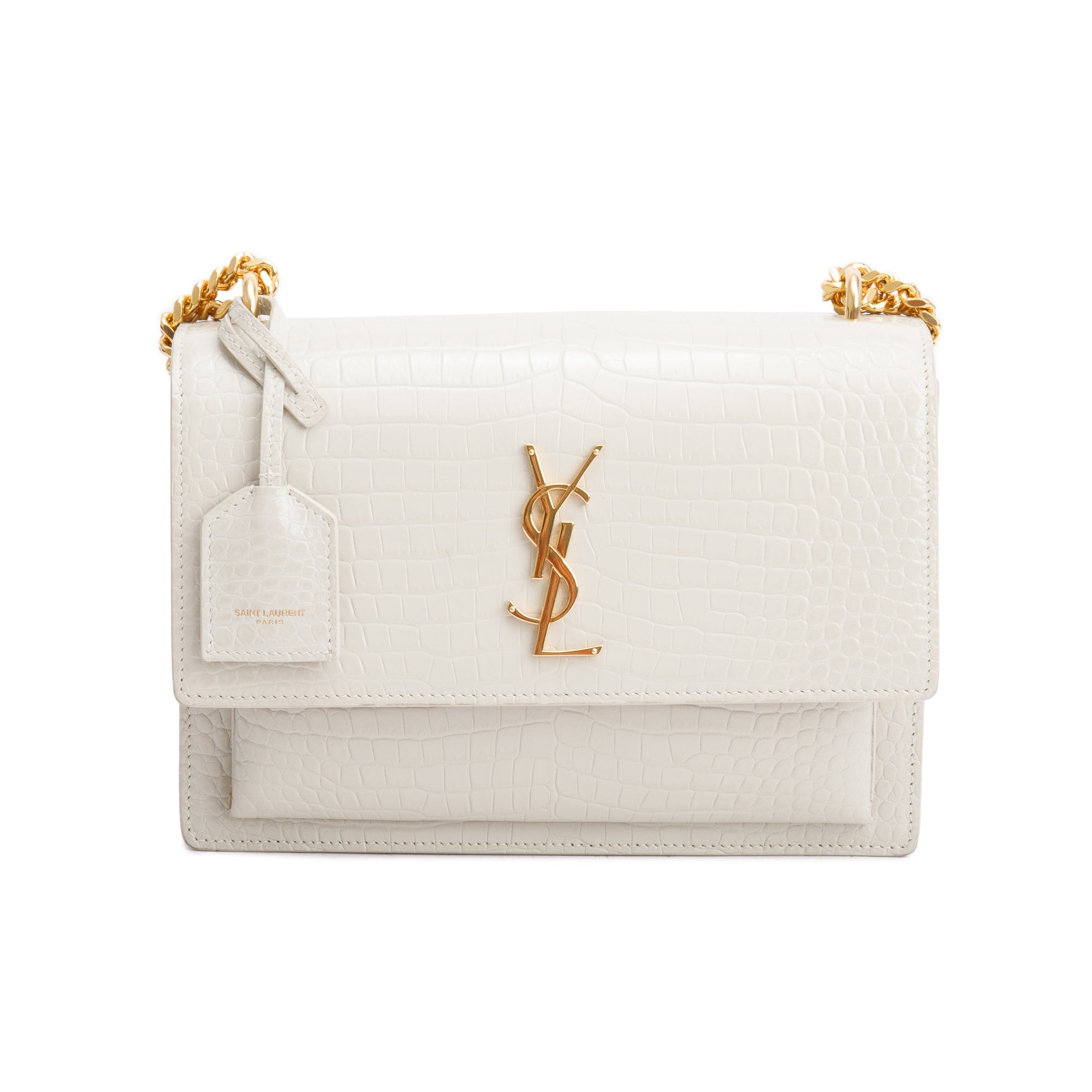 Saint Laurent 2022 Creme Medium Crocodile Embossed Sunset Bag w/ Box & Receipt