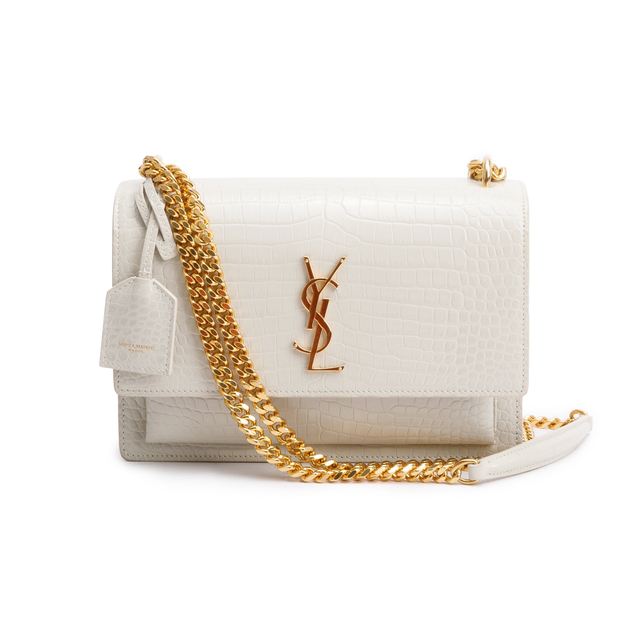 Saint Laurent 2022 Creme Medium Crocodile Embossed Sunset Bag w/ Box & Receipt