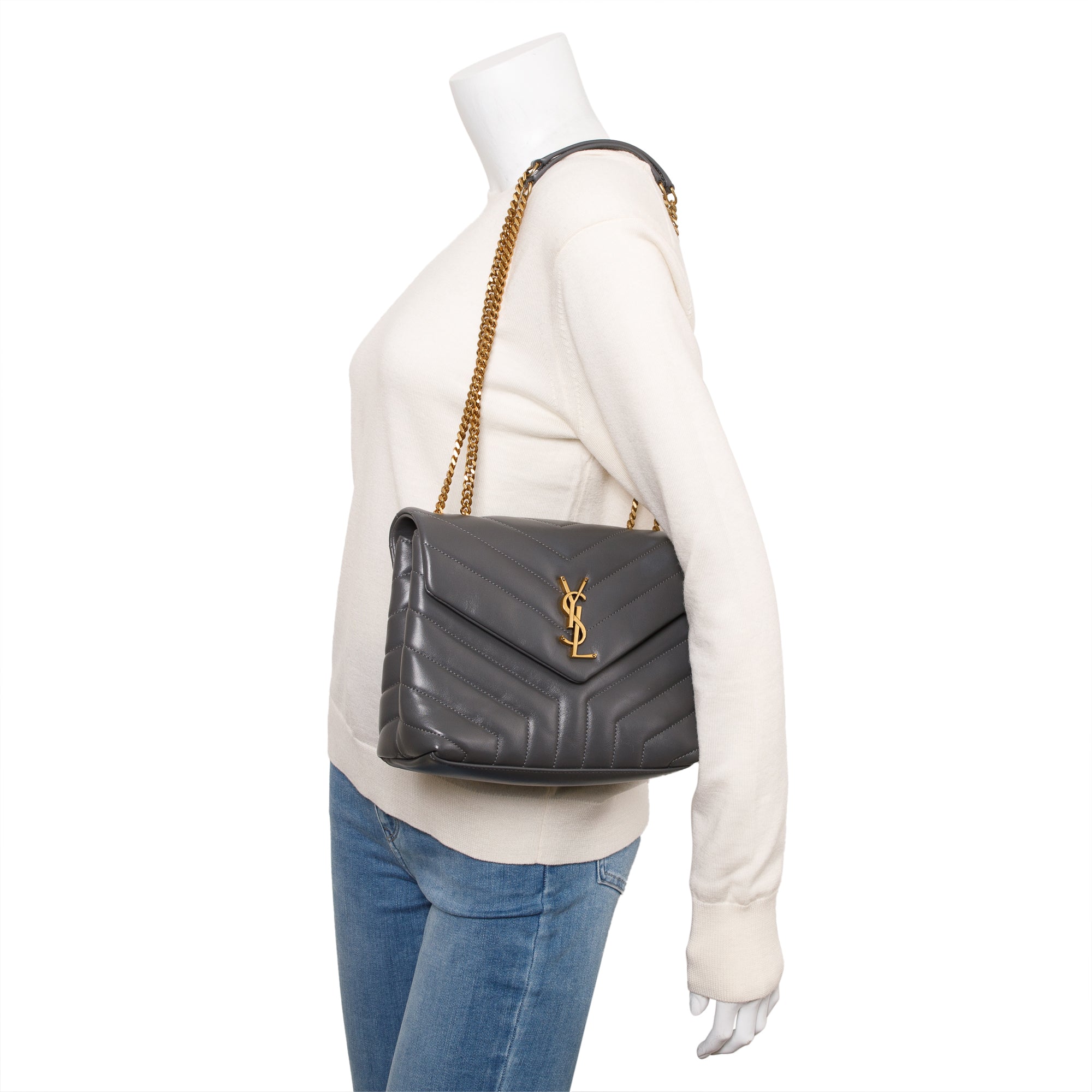 Saint Laurent 2022 Grey Calfskin Leather Small Loulou Monogram Shoulder Bag