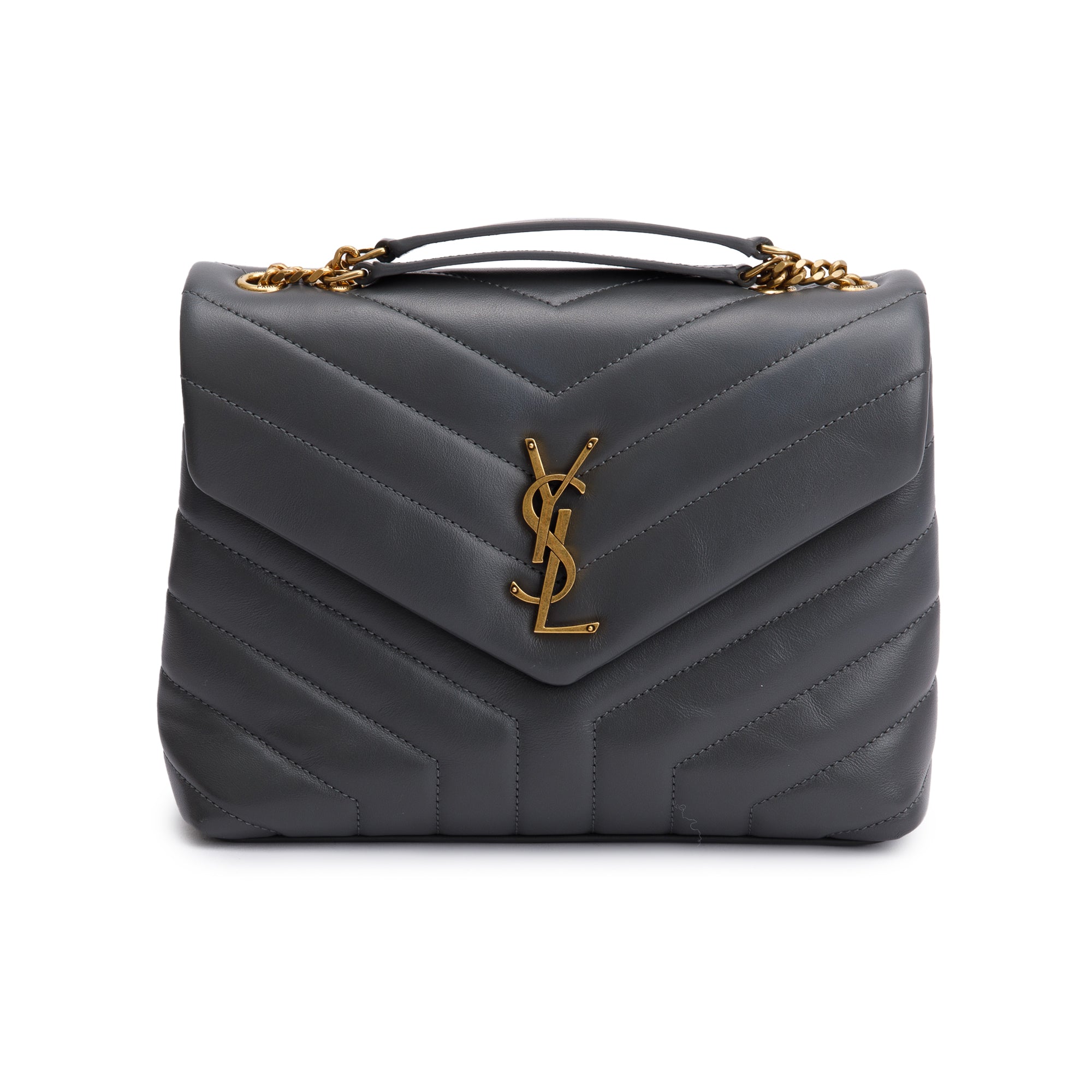 Saint Laurent 2022 Grey Calfskin Leather Small Loulou Monogram Shoulder Bag