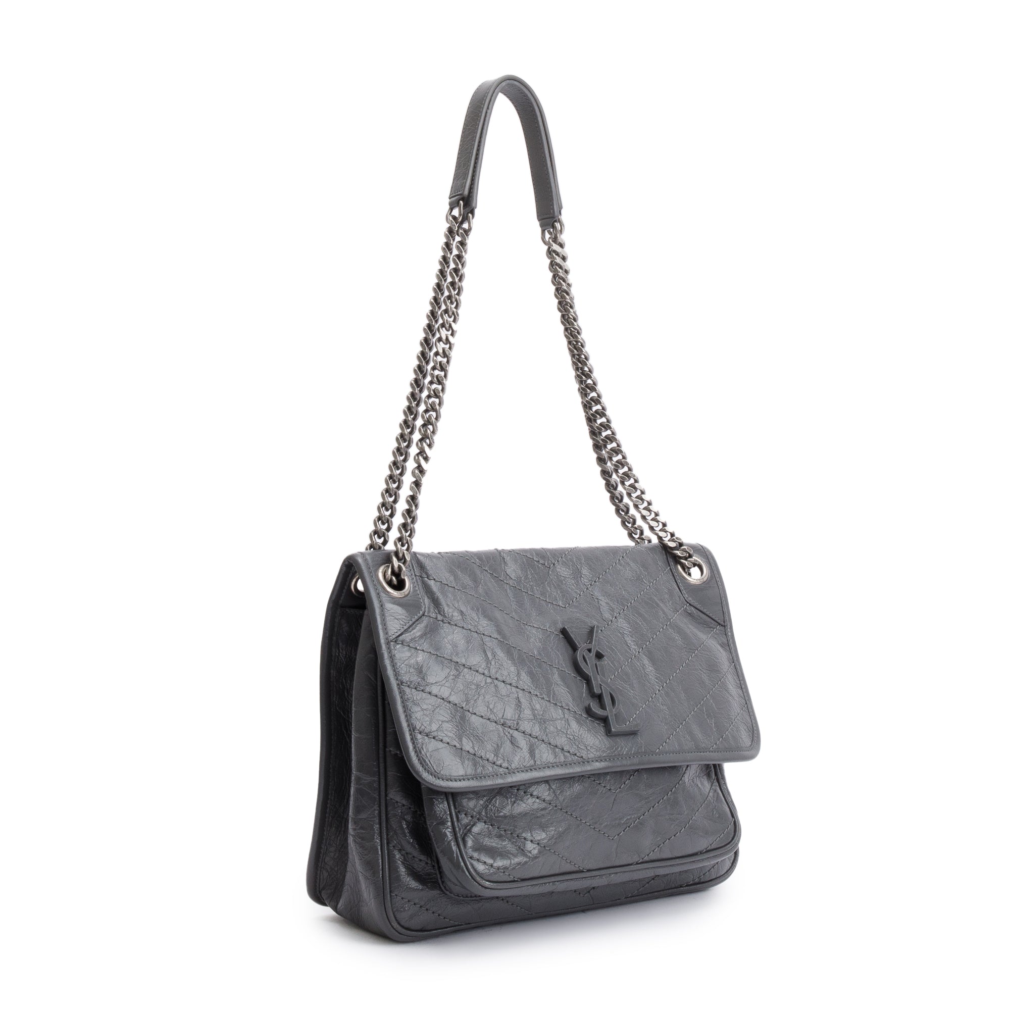 Saint Laurent 2022 Grey Crinkled Calfskin Leather Medium Niki Shoulder Bag