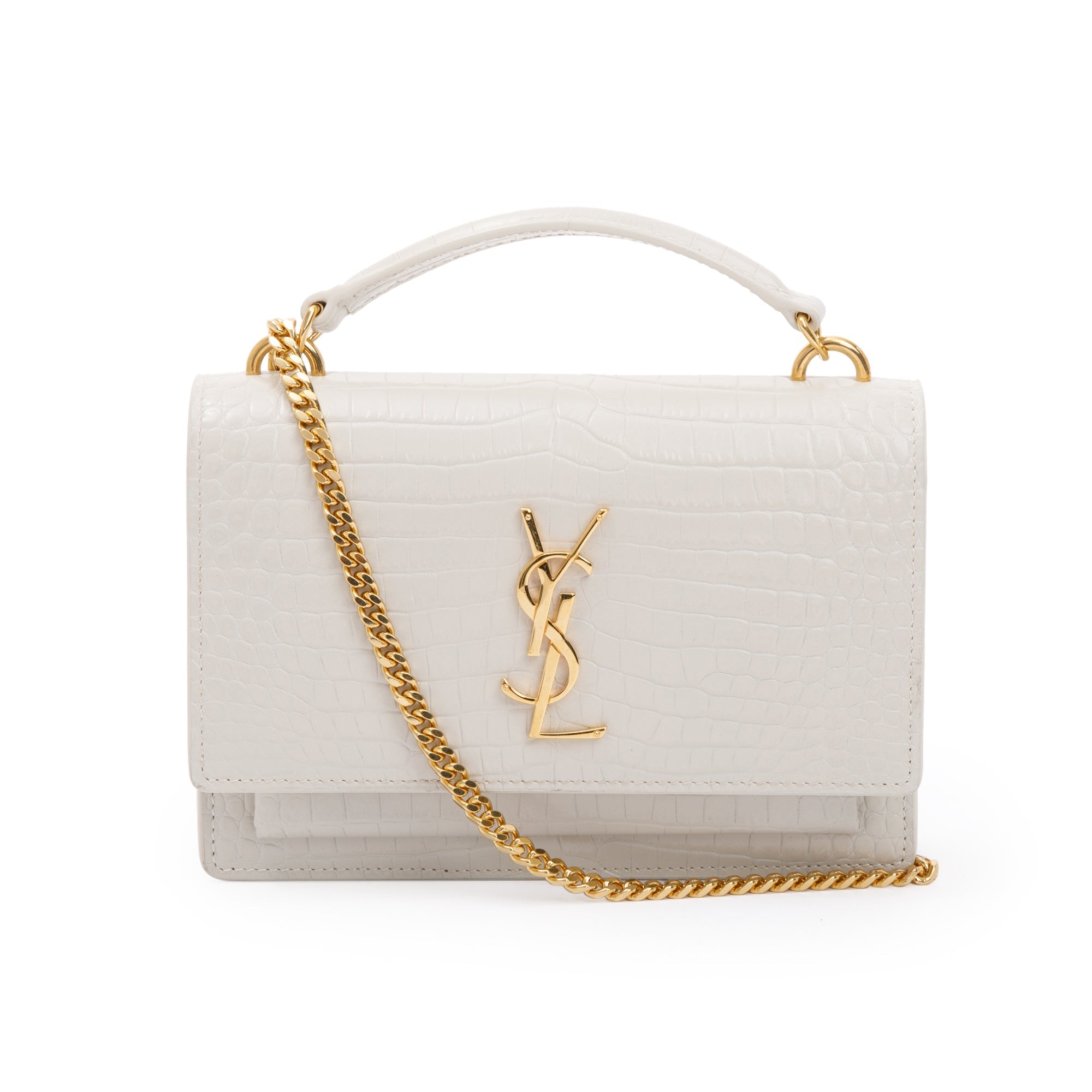Saint Laurent 2022 White Crocodile Embossed Sunset Chain Wallet w/ Strap