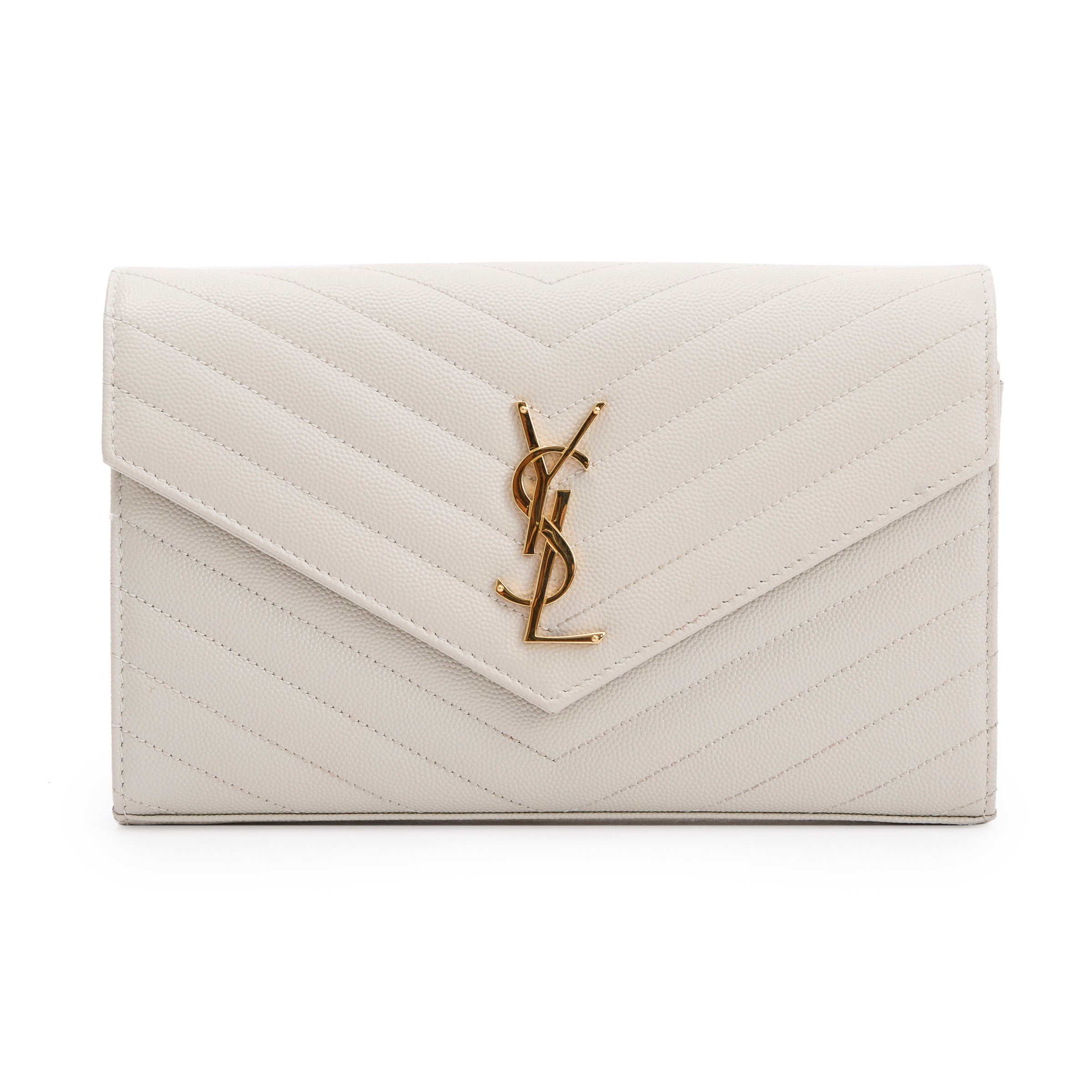 Saint Laurent 2022 White Grained de Poudre Cassandre Matelasse Chain Wallet