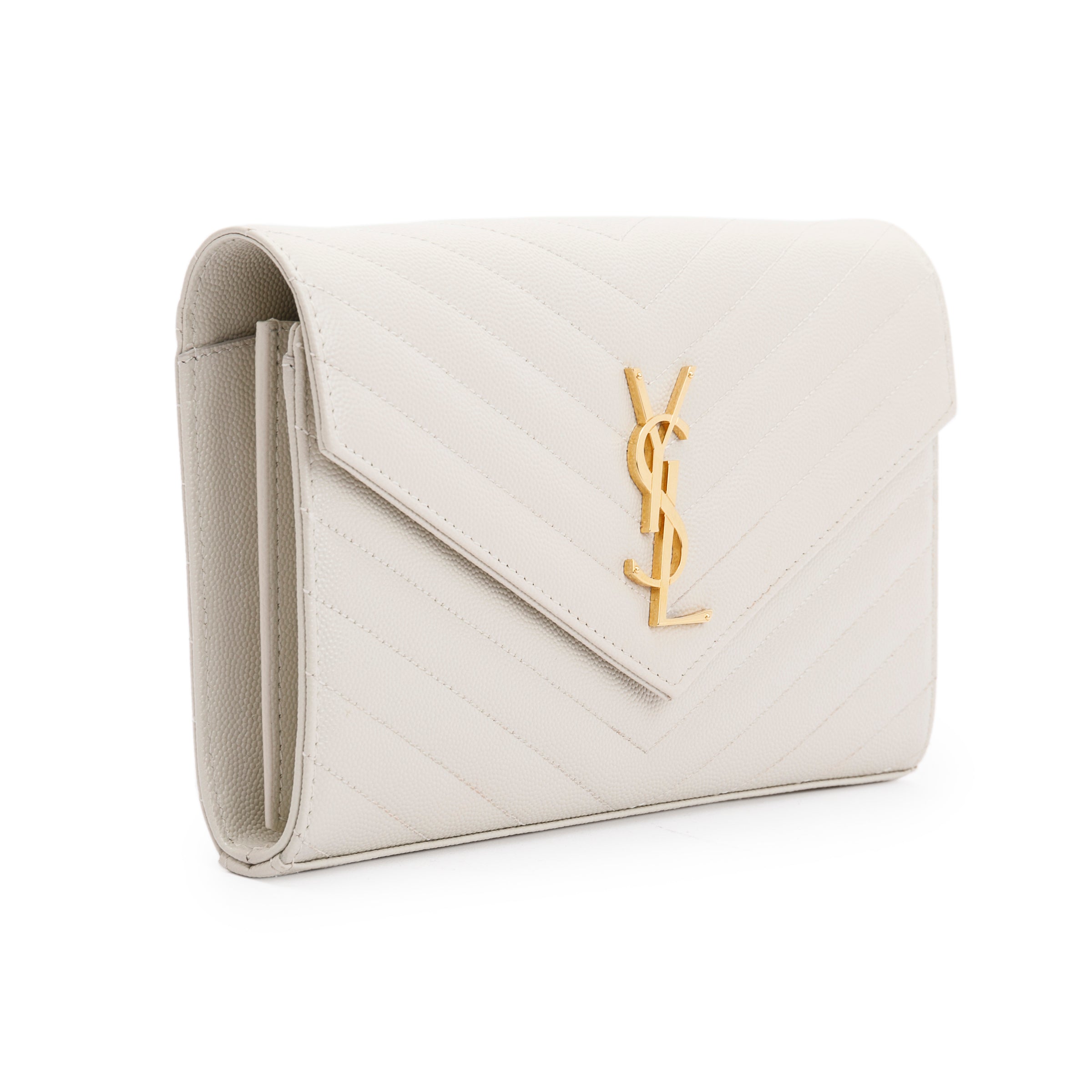Saint Laurent 2022 White Grained de Poudre Cassandre Matelasse Chain Wallet