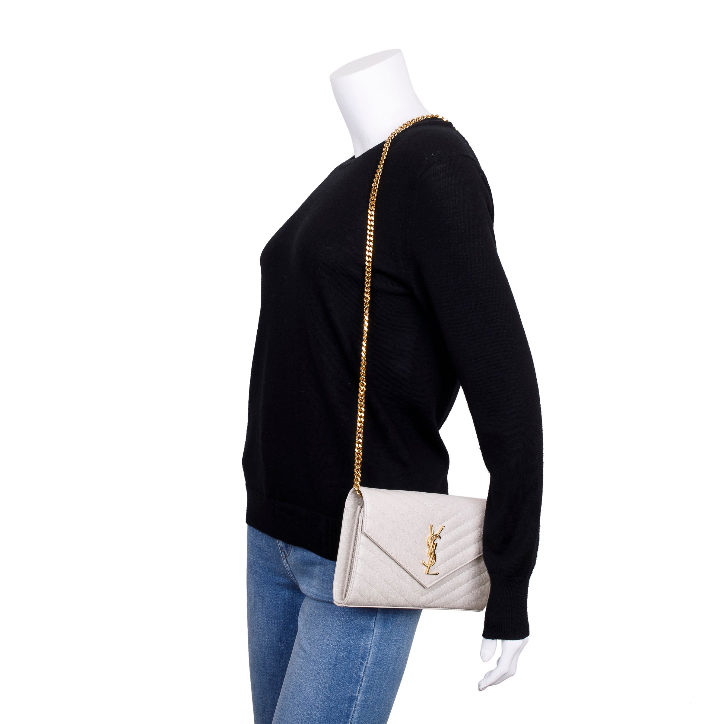 Saint Laurent 2022 White Grained de Poudre Cassandre Matelasse Chain Wallet