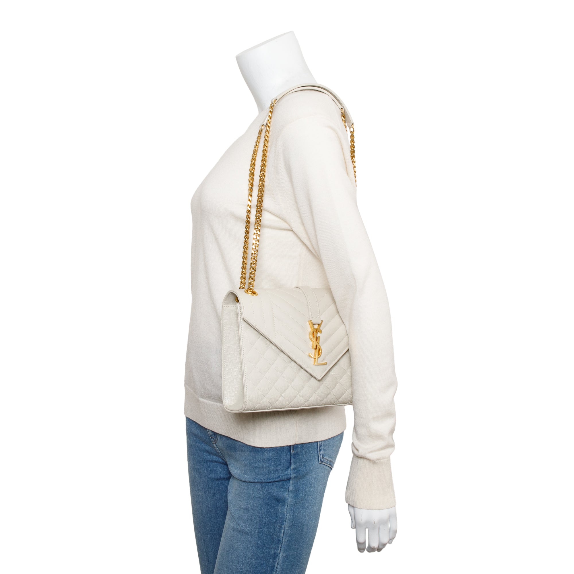 Saint Laurent 2022 White Quilted Grain De Poudre Leather Medium Envelope Chain Bag w/ Box