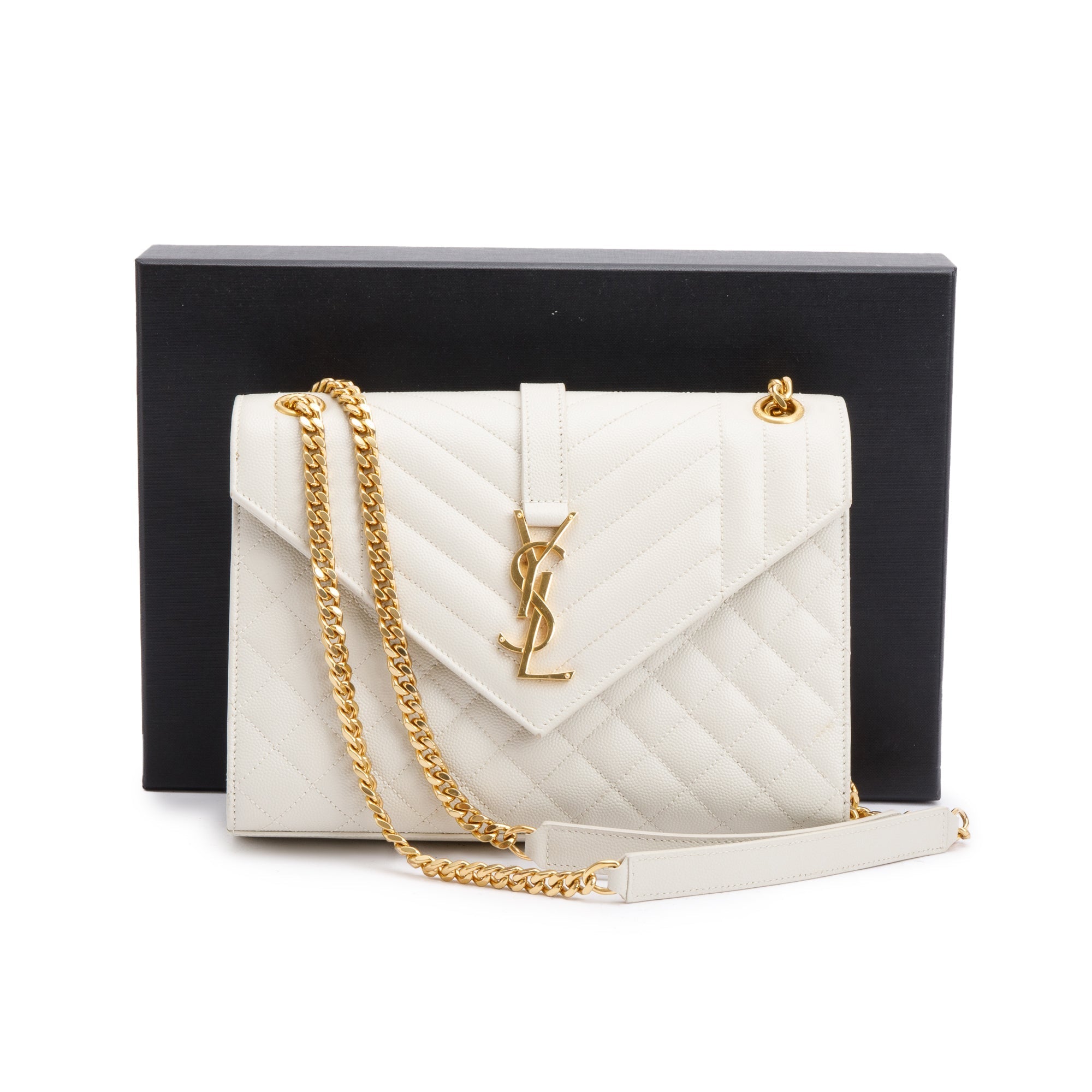 Saint Laurent 2022 White Quilted Grain De Poudre Leather Medium Envelope Chain Bag w/ Box