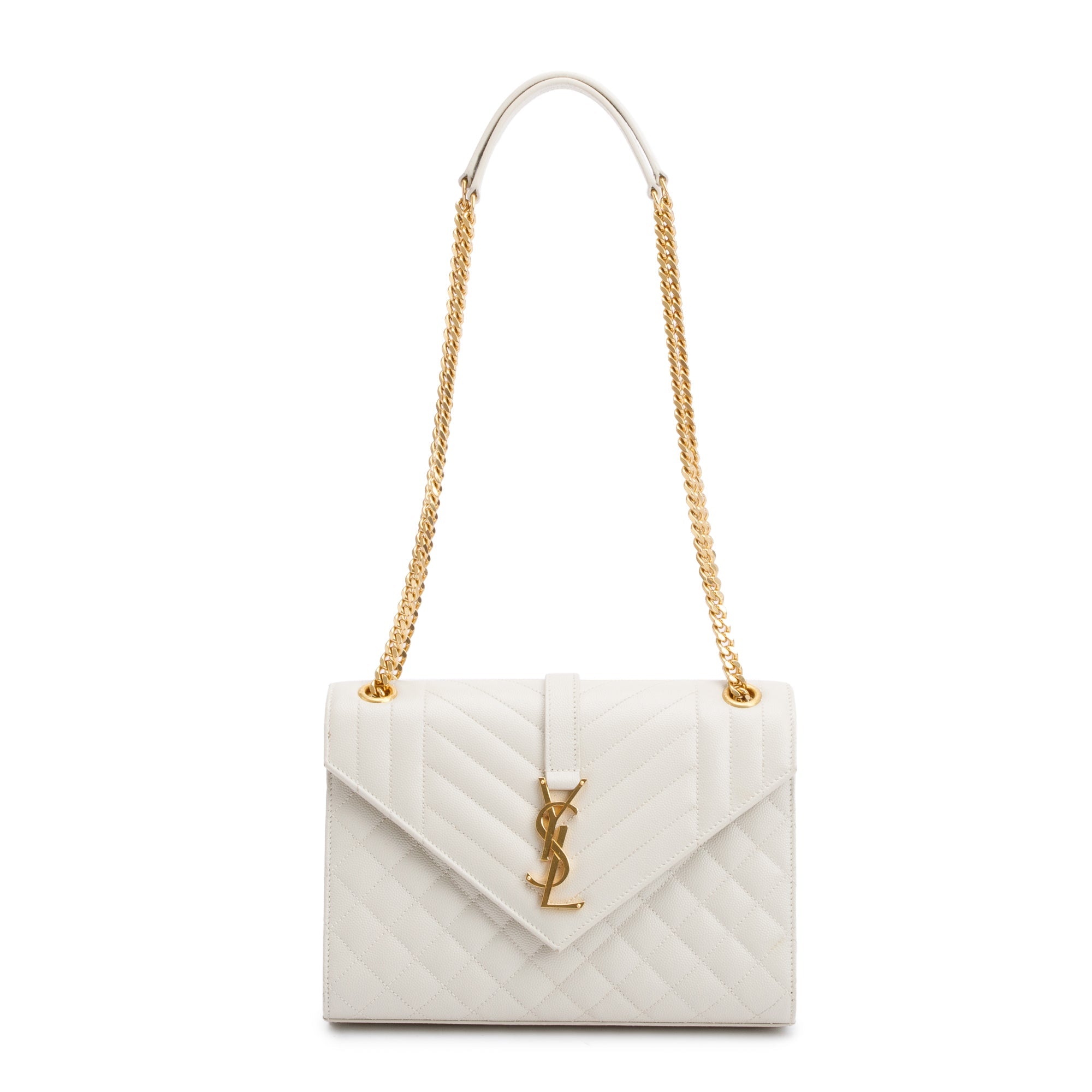Saint Laurent 2022 White Quilted Grain De Poudre Leather Medium Envelope Chain Bag w/ Box