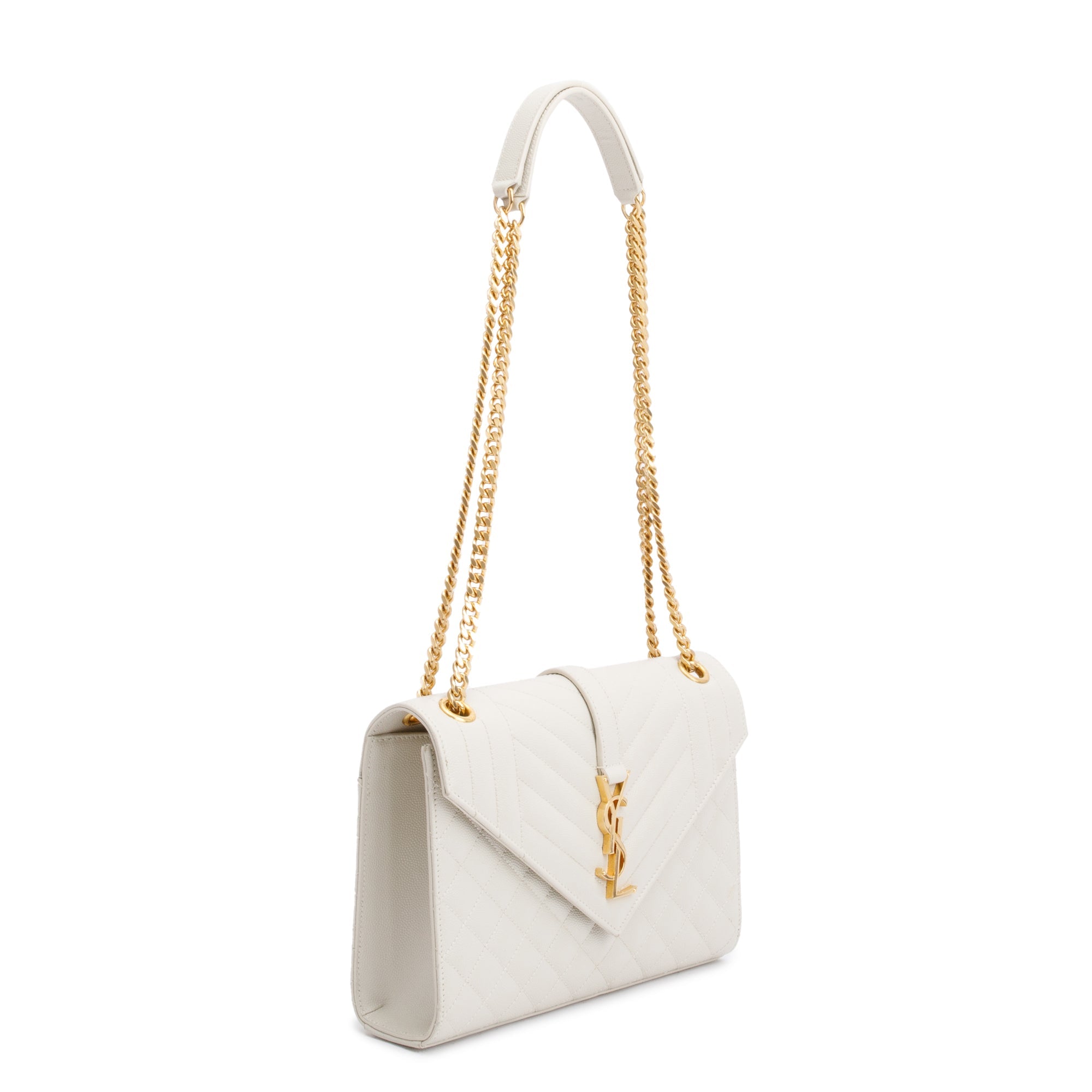 Saint Laurent 2022 White Quilted Grain De Poudre Leather Medium Envelope Chain Bag w/ Box