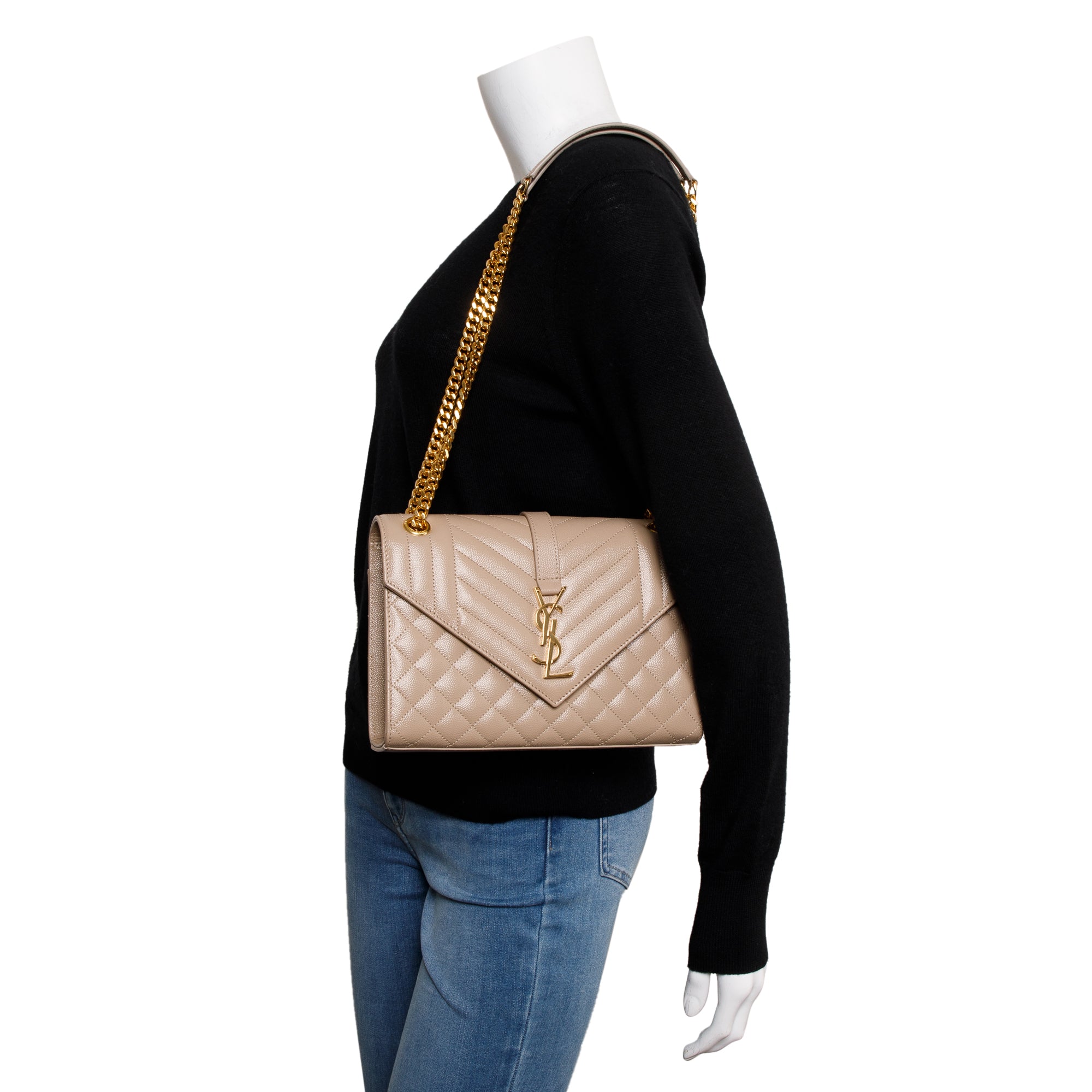 Saint Laurent 2023 Beige Grained De Poudre Medium Envelope Shoulder Bag w/ Box