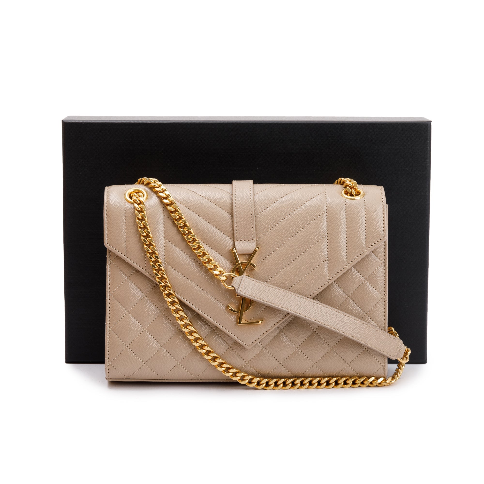 Saint Laurent 2023 Beige Grained De Poudre Medium Envelope Shoulder Bag w/ Box