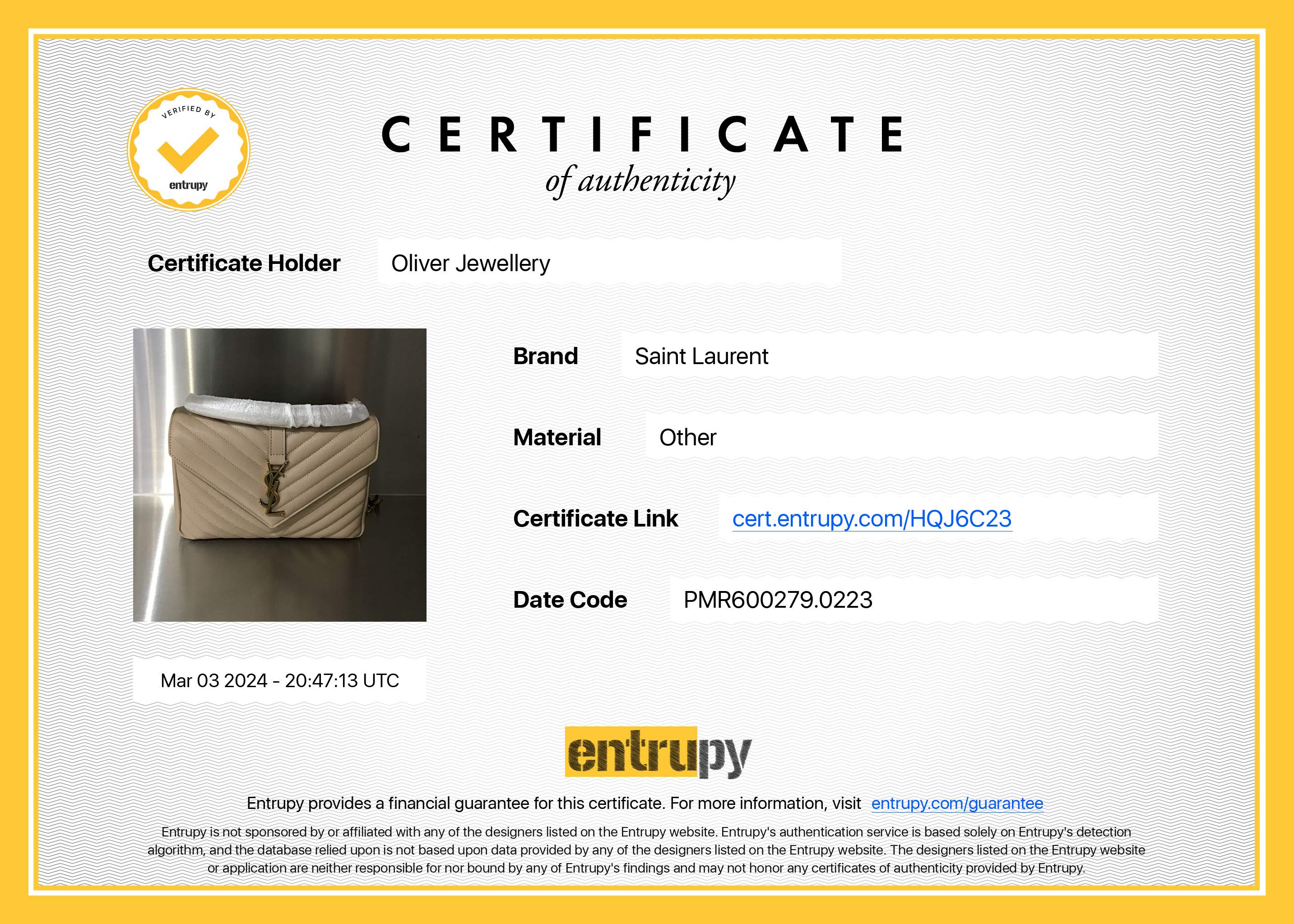 Saint Laurent 2023 Beige Leather Medium Chevron College Bag w/ Box