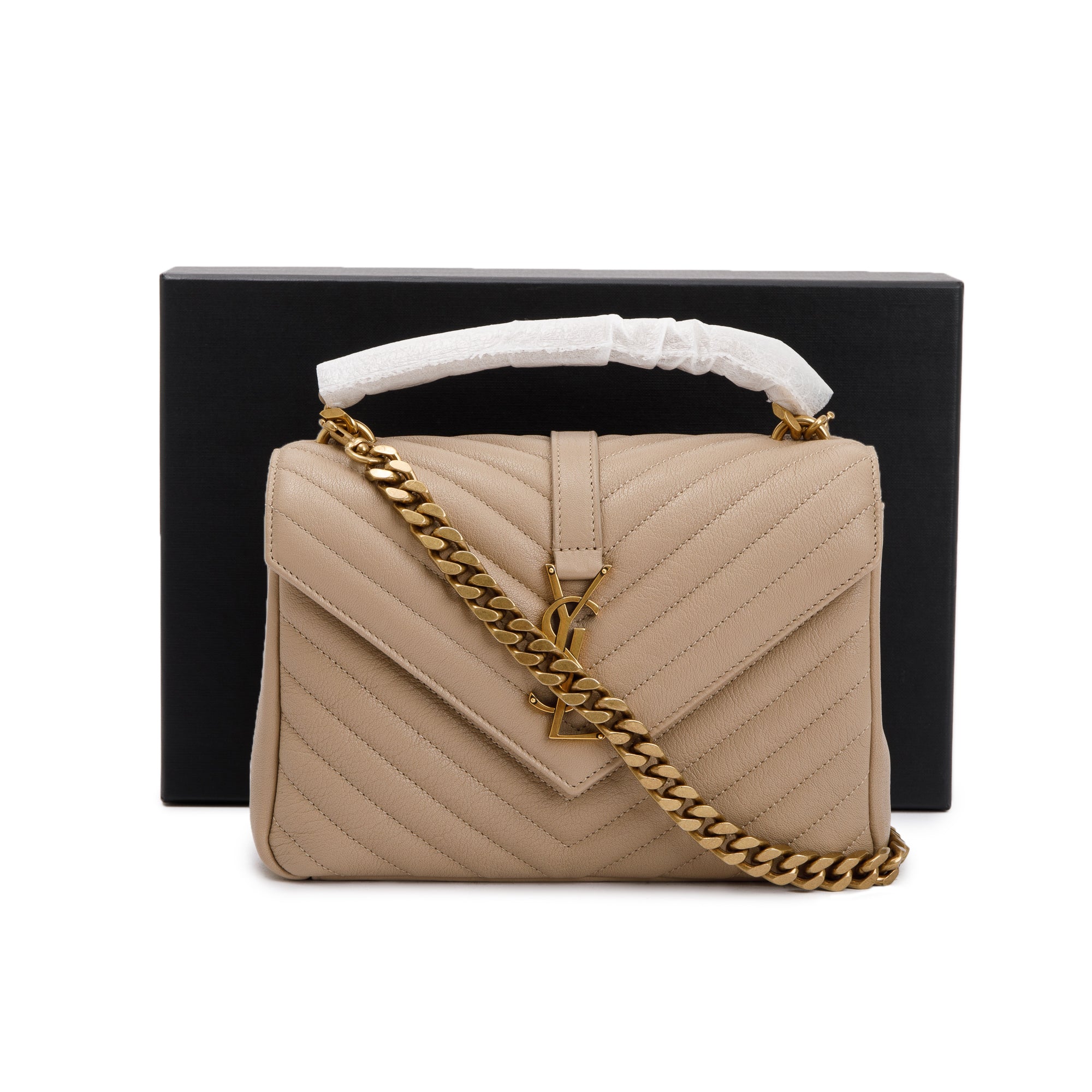 Saint Laurent 2023 Beige Leather Medium Chevron College Bag w/ Box