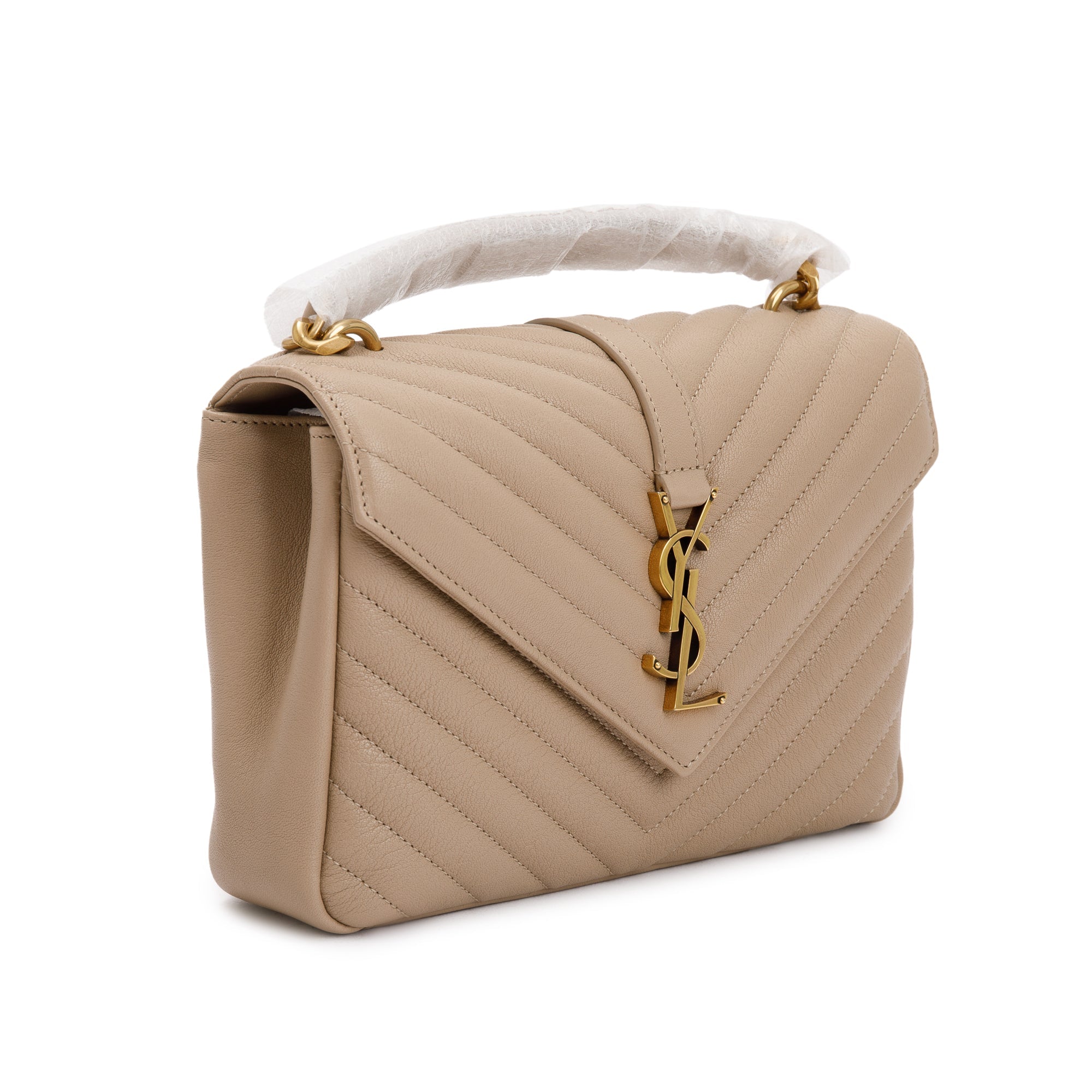 Saint Laurent 2023 Beige Leather Medium Chevron College Bag w/ Box