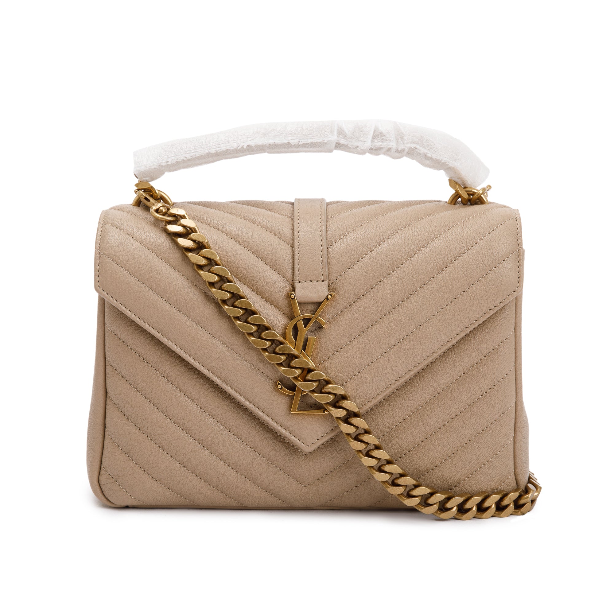 Saint Laurent 2023 Beige Leather Medium Chevron College Bag w/ Box