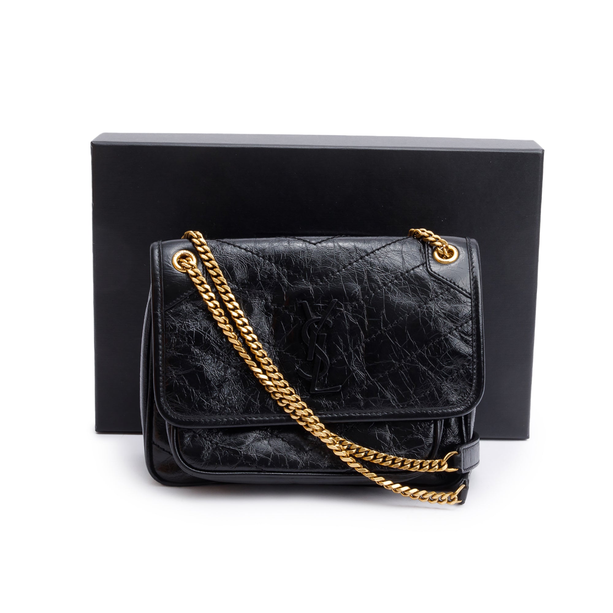 Saint Laurent 2023 Black Crinkled Calfskin Leather Baby Niki Shoulder Bag w/ Box & Receipt