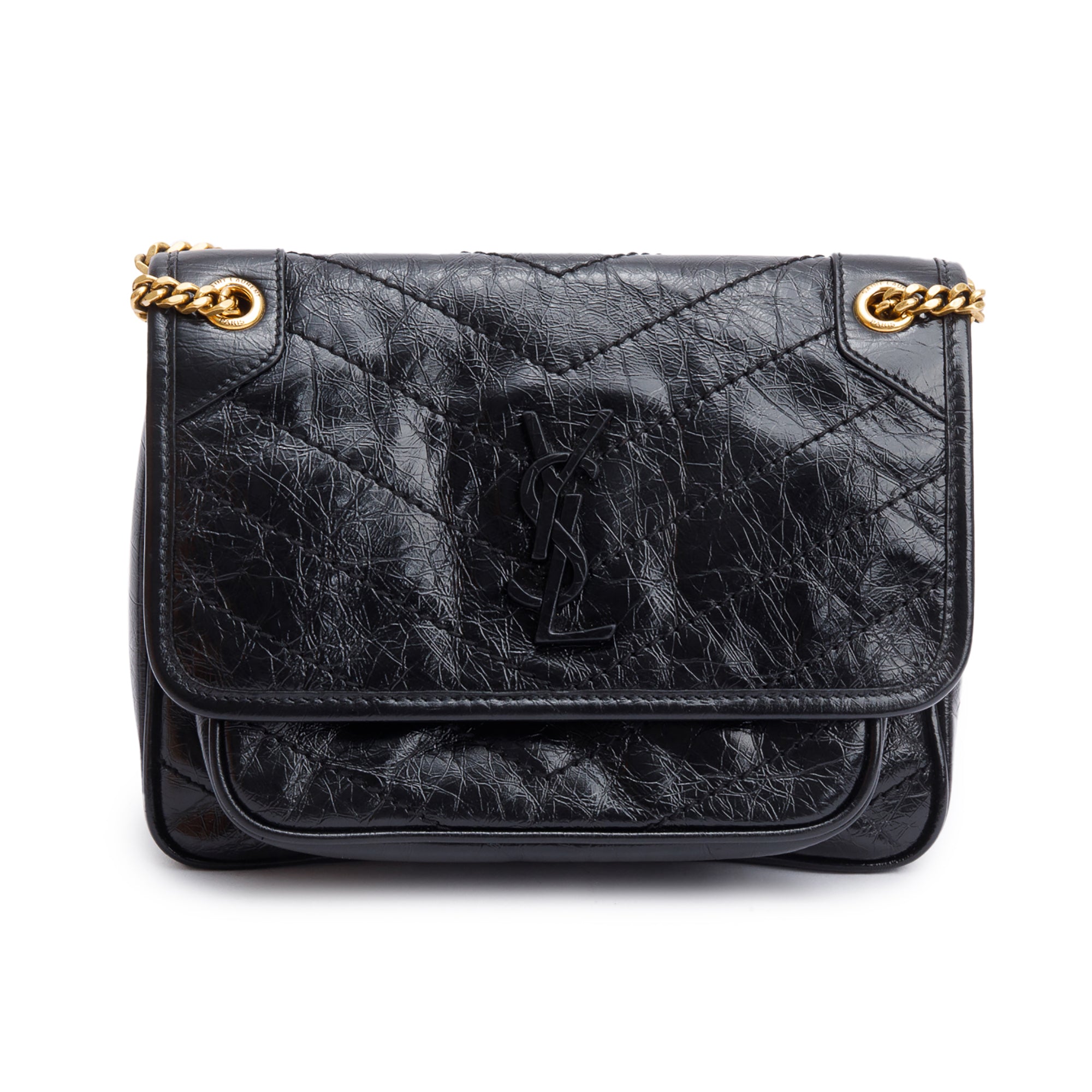 Saint Laurent 2023 Black Crinkled Calfskin Leather Baby Niki Shoulder Bag w/ Box & Receipt