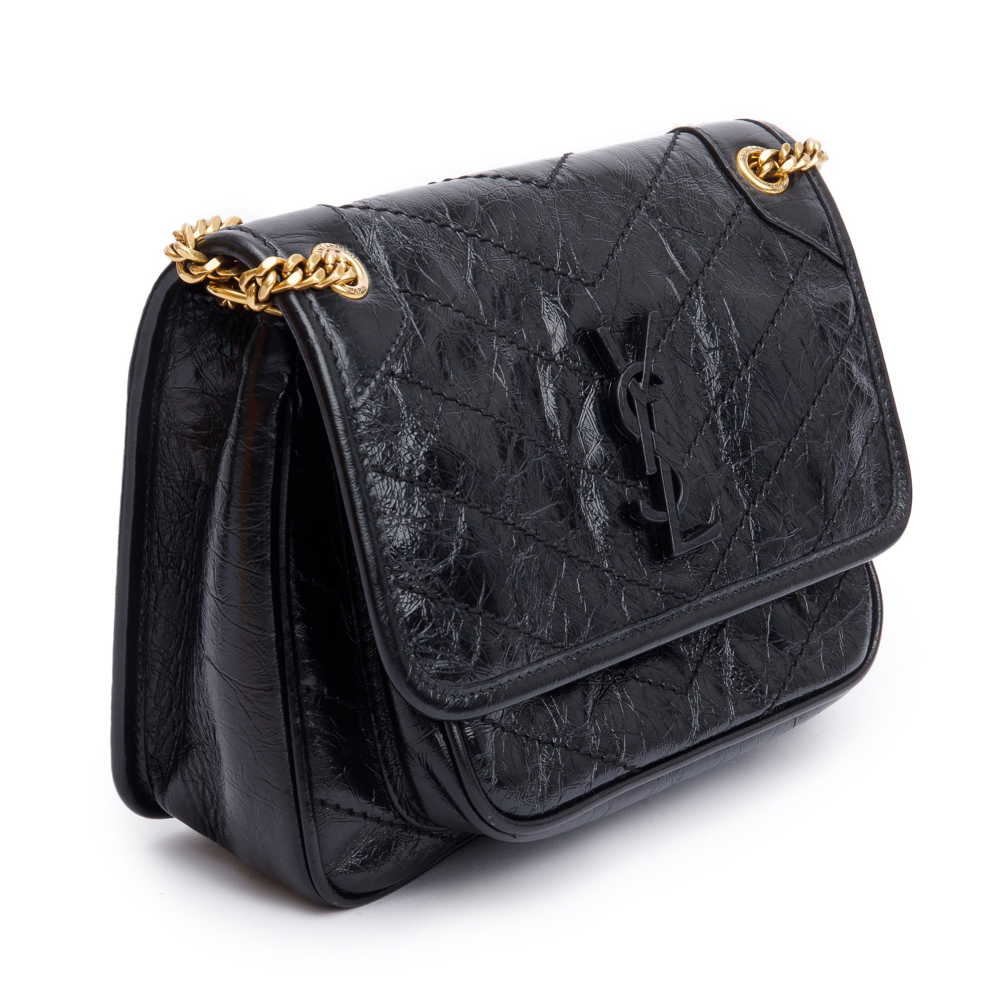 Saint Laurent 2023 Black Crinkled Calfskin Leather Baby Niki Shoulder Bag w/ Box & Receipt
