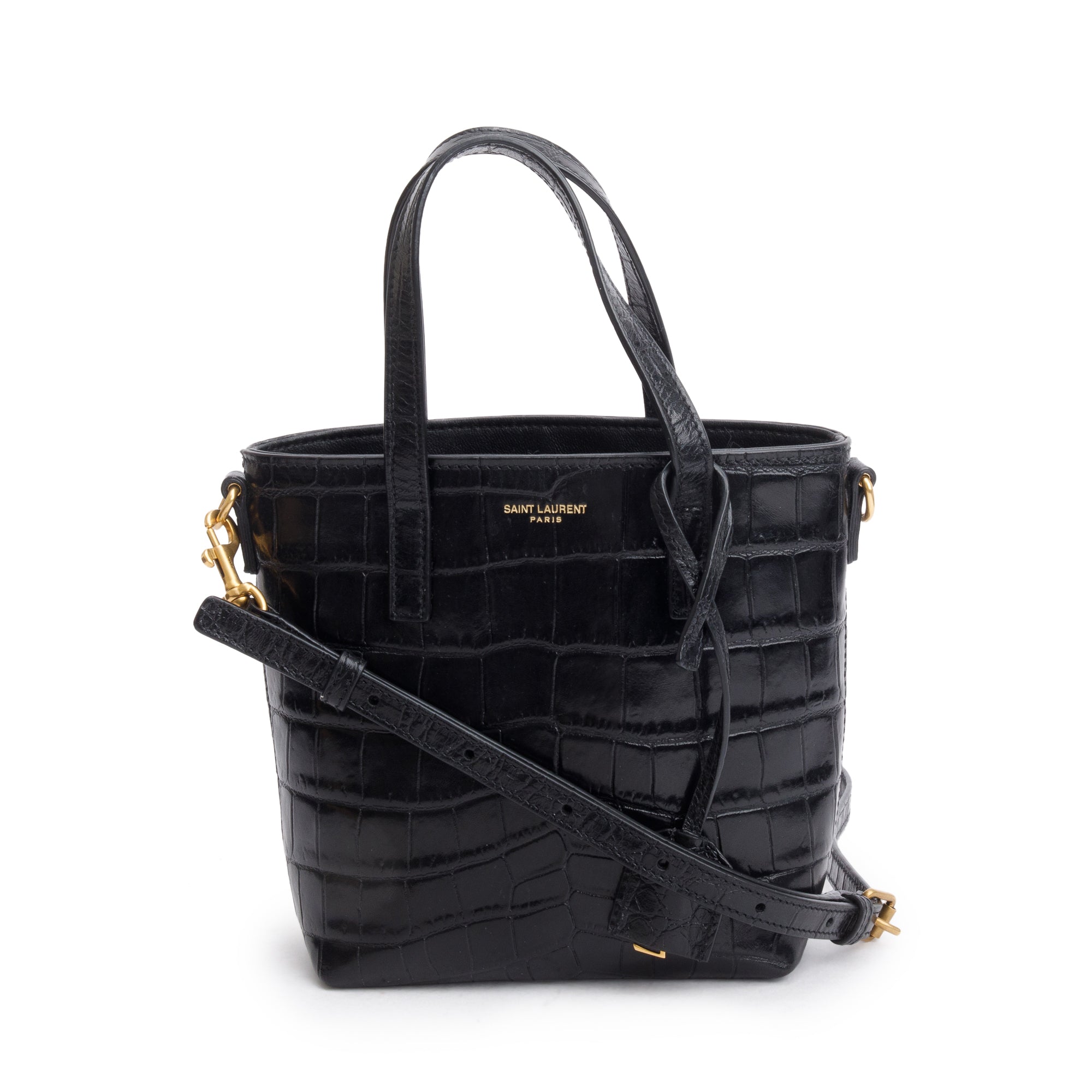 Saint Laurent 2023 Black Croc-Embossed Mini Toy Shopping Tote w/ Strap