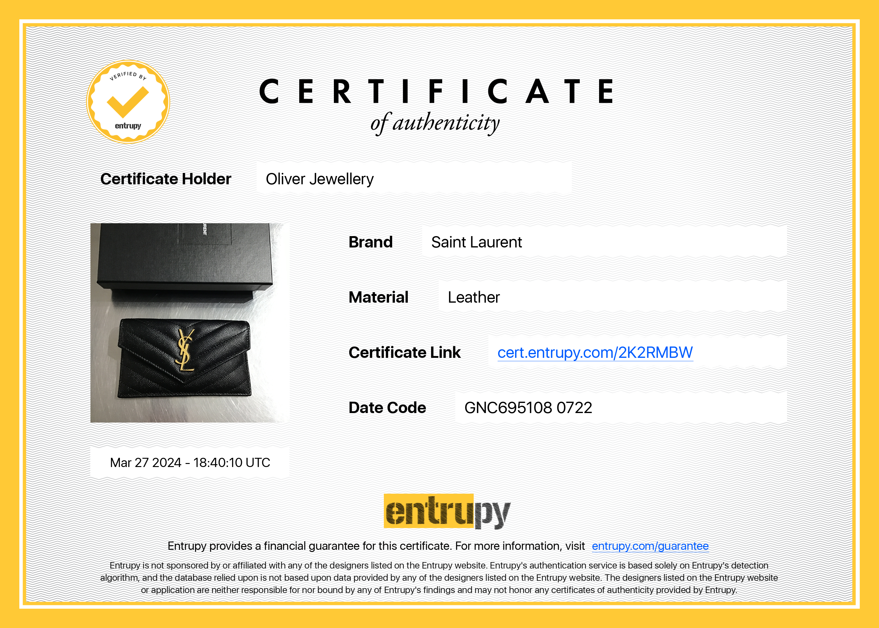 Saint Laurent 2023 Black Grain De Poudre Cassandre Matelasse Fragments Flap Card Case w/ Box