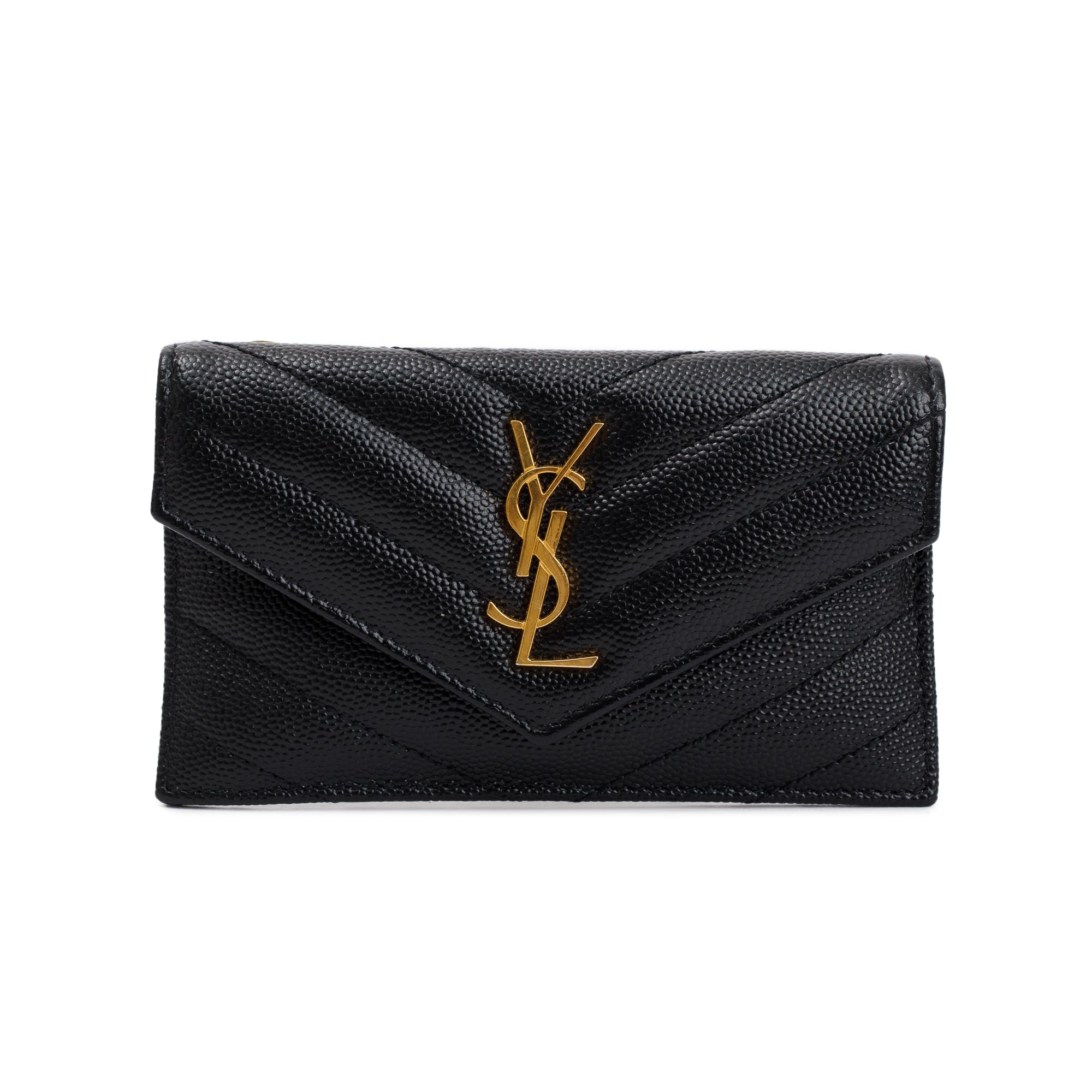 Saint Laurent 2023 Black Grain De Poudre Cassandre Matelasse Fragments Flap Card Case w/ Box