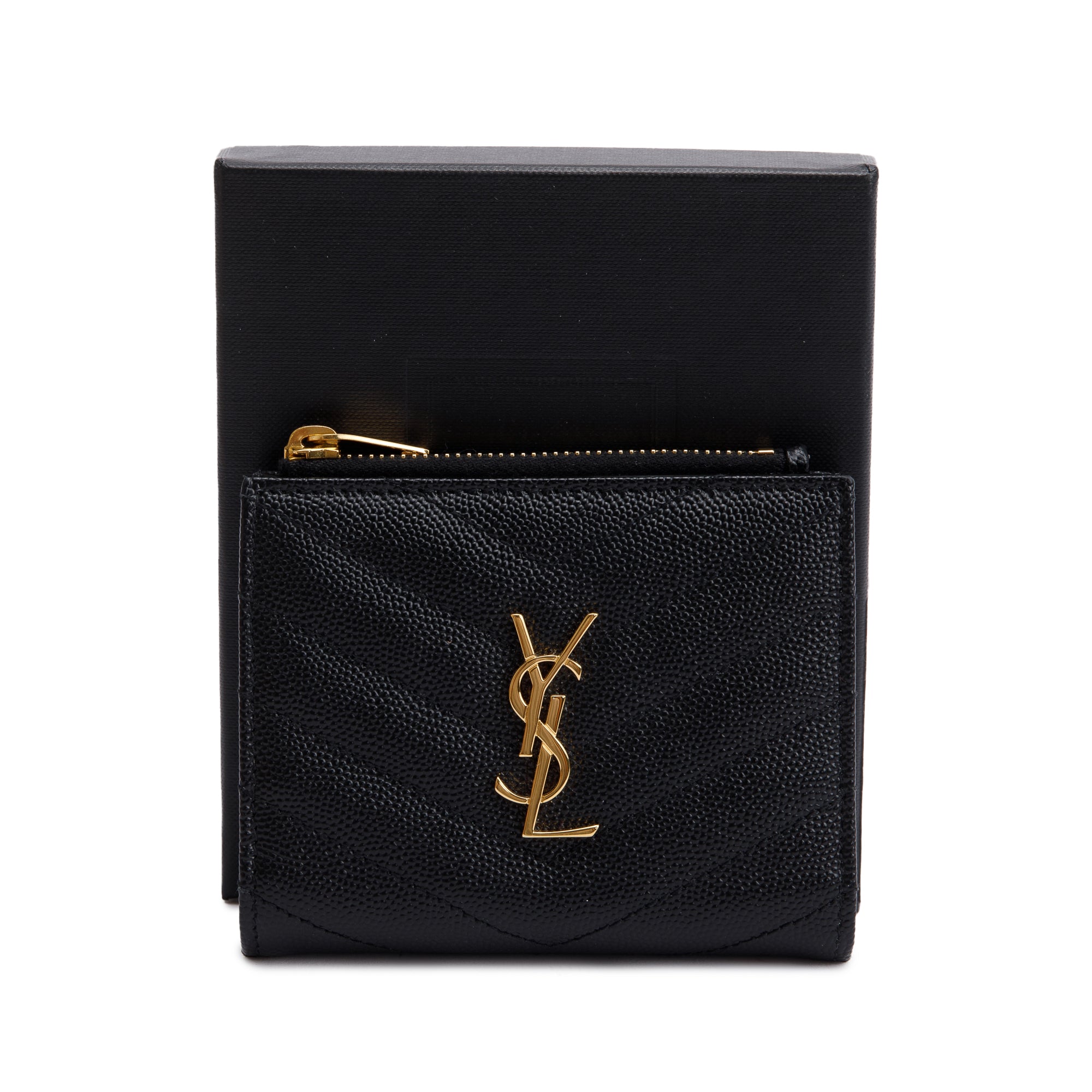 Saint Laurent 2023 Black Grain de Poudre Leather Cassandre Matelasse Bi-Fold Wallet w/ Box