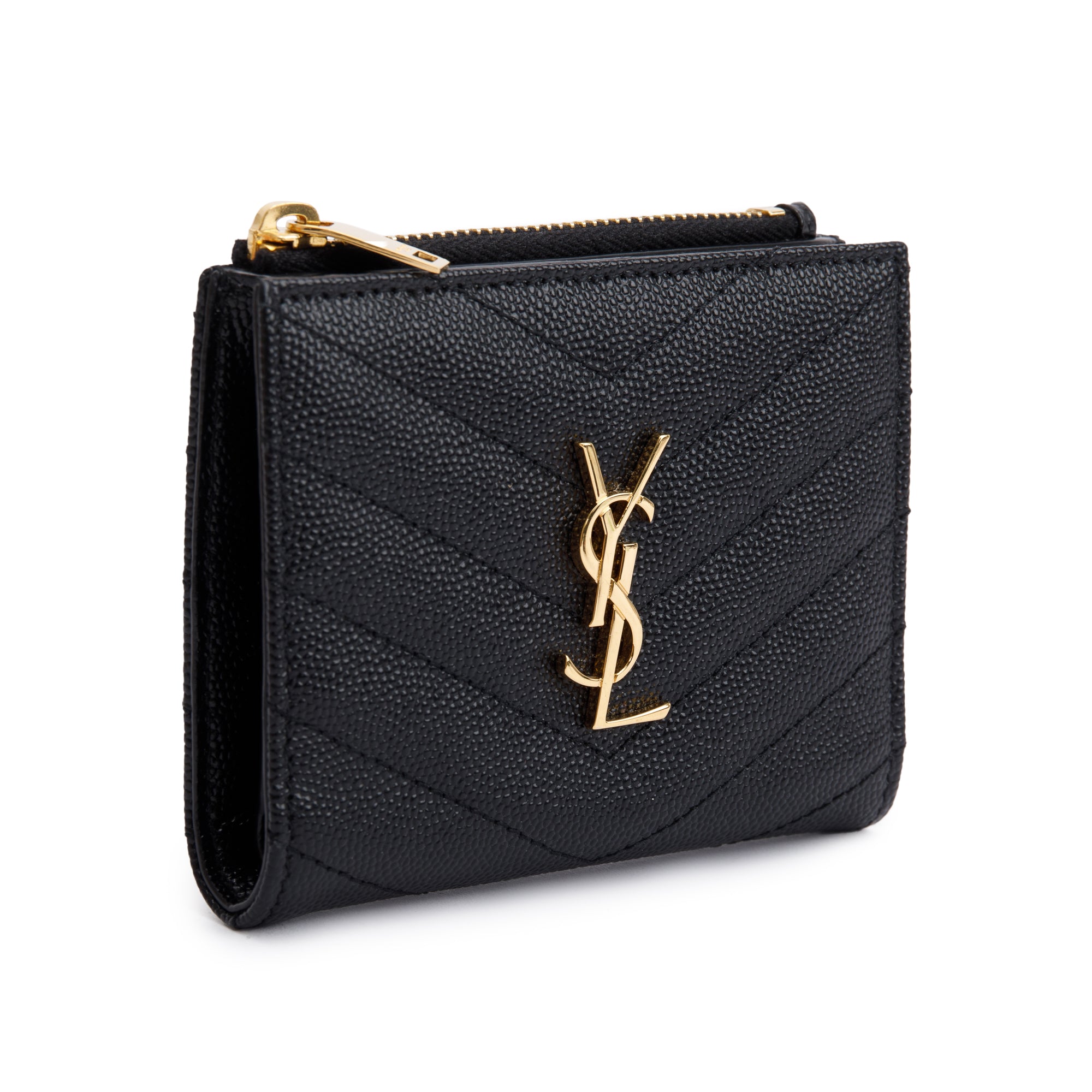 Saint Laurent 2023 Black Grain de Poudre Leather Cassandre Matelasse Bi-Fold Wallet w/ Box