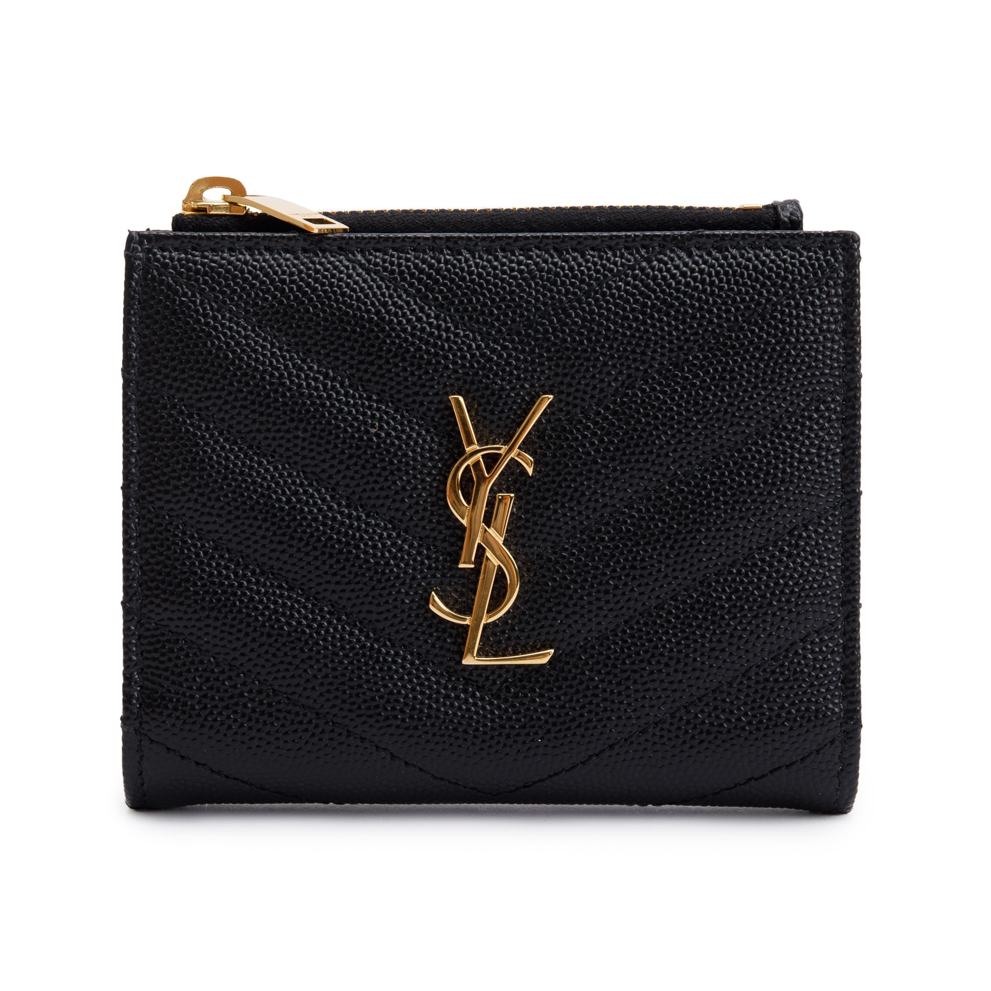 Saint Laurent 2023 Black Grain de Poudre Leather Cassandre Matelasse Bi-Fold Wallet w/ Box