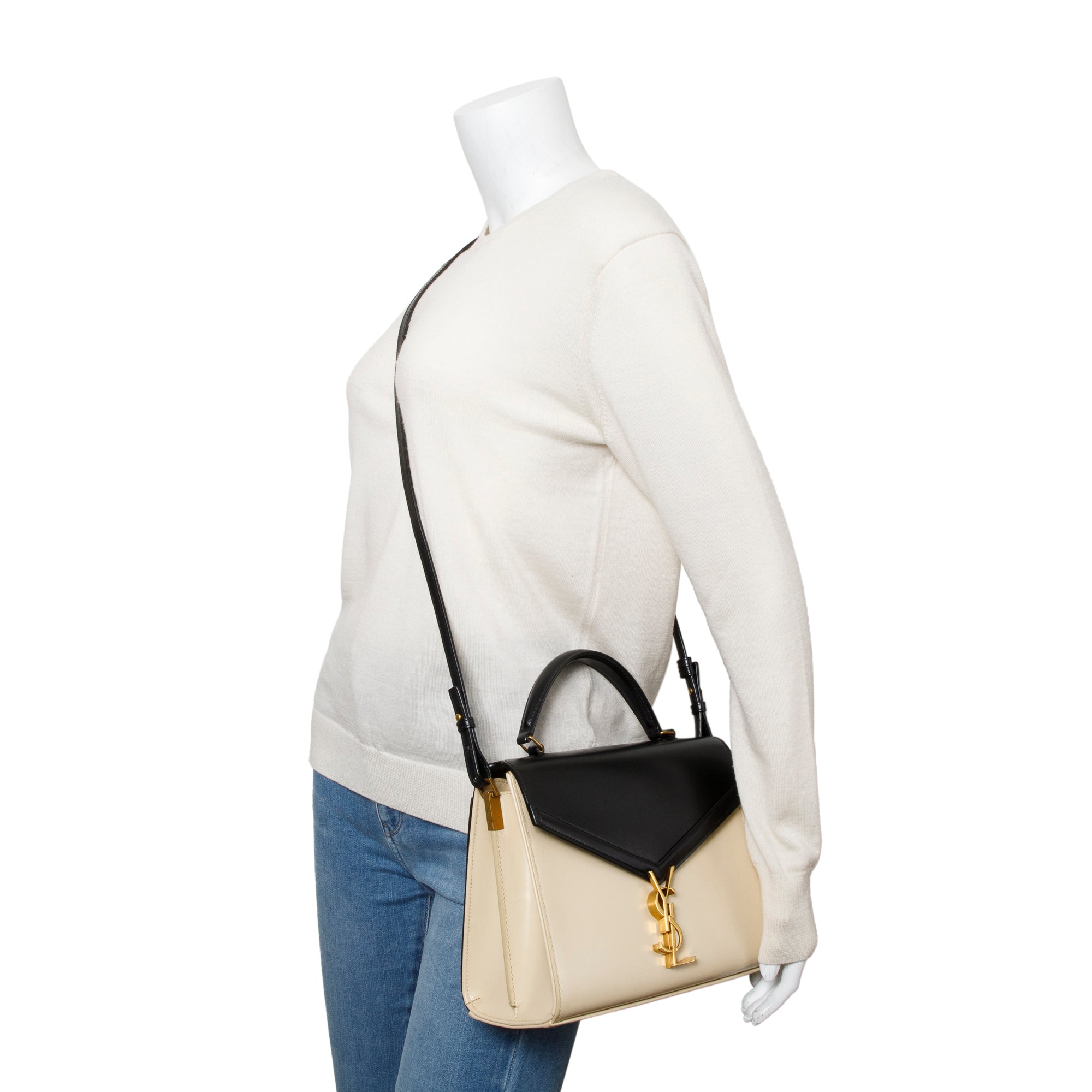 Saint Laurent 2023 Black & Ivory Smooth Leather Cassandra Medium Top Handle Bag