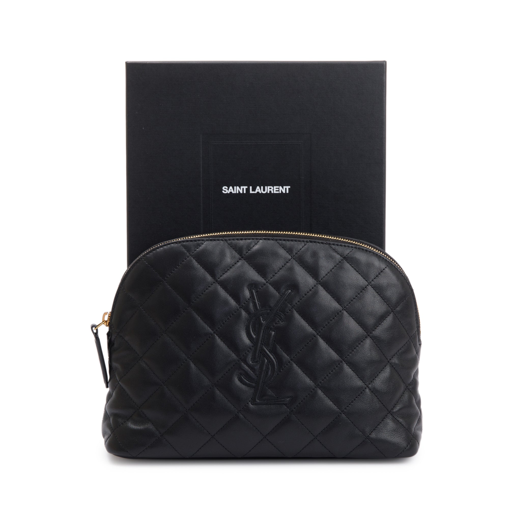 Saint Laurent 2023 Black Quilted Leather Large Cosmetic Pouch w/ Box