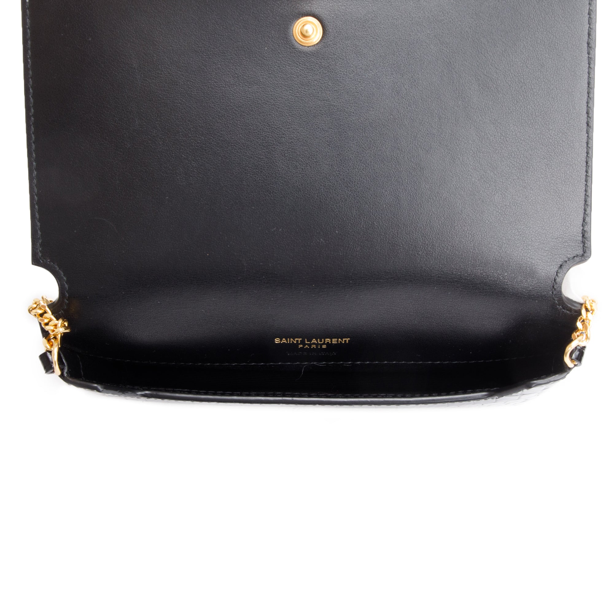 Saint Laurent 2023 Black Shiny Crocodile Embossed Leather Cassandre Phone Holder Bag w/ Box