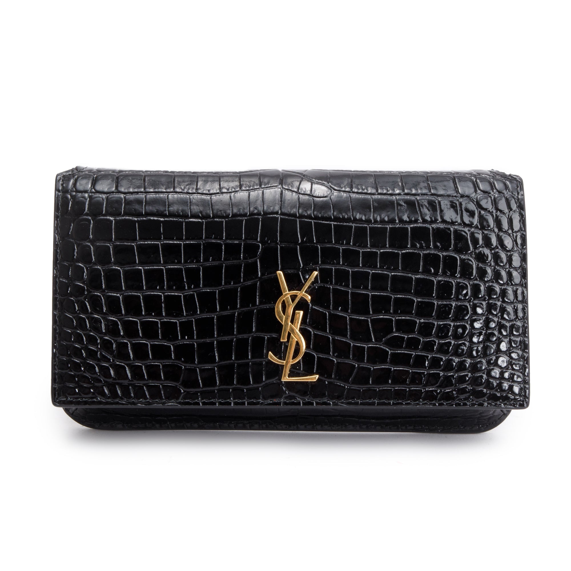 Saint Laurent 2023 Black Shiny Crocodile Embossed Leather Cassandre Phone Holder Bag w/ Box