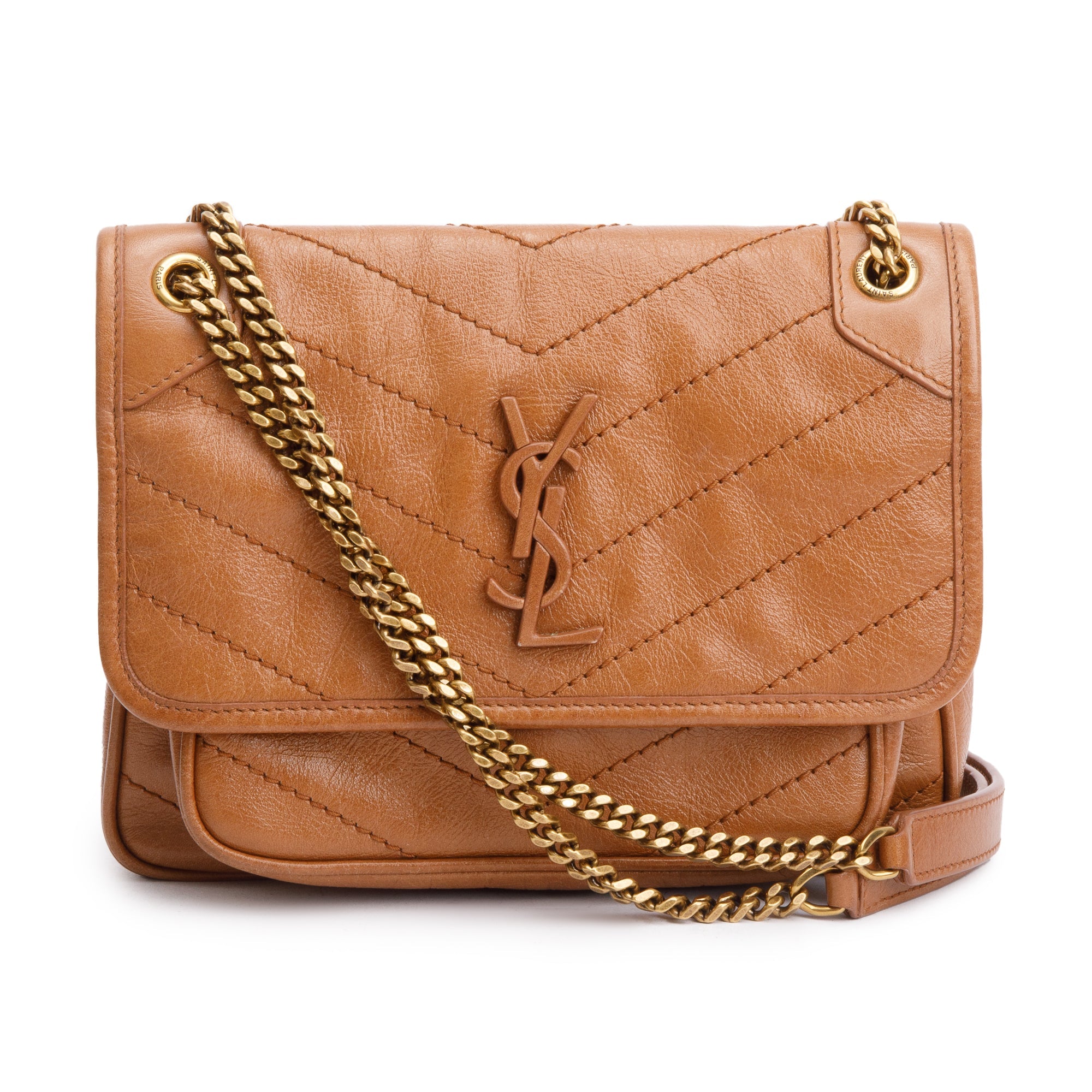 Saint Laurent 2023 Brown Crinkled Calfskin Leather Baby Niki Shoulder Bag