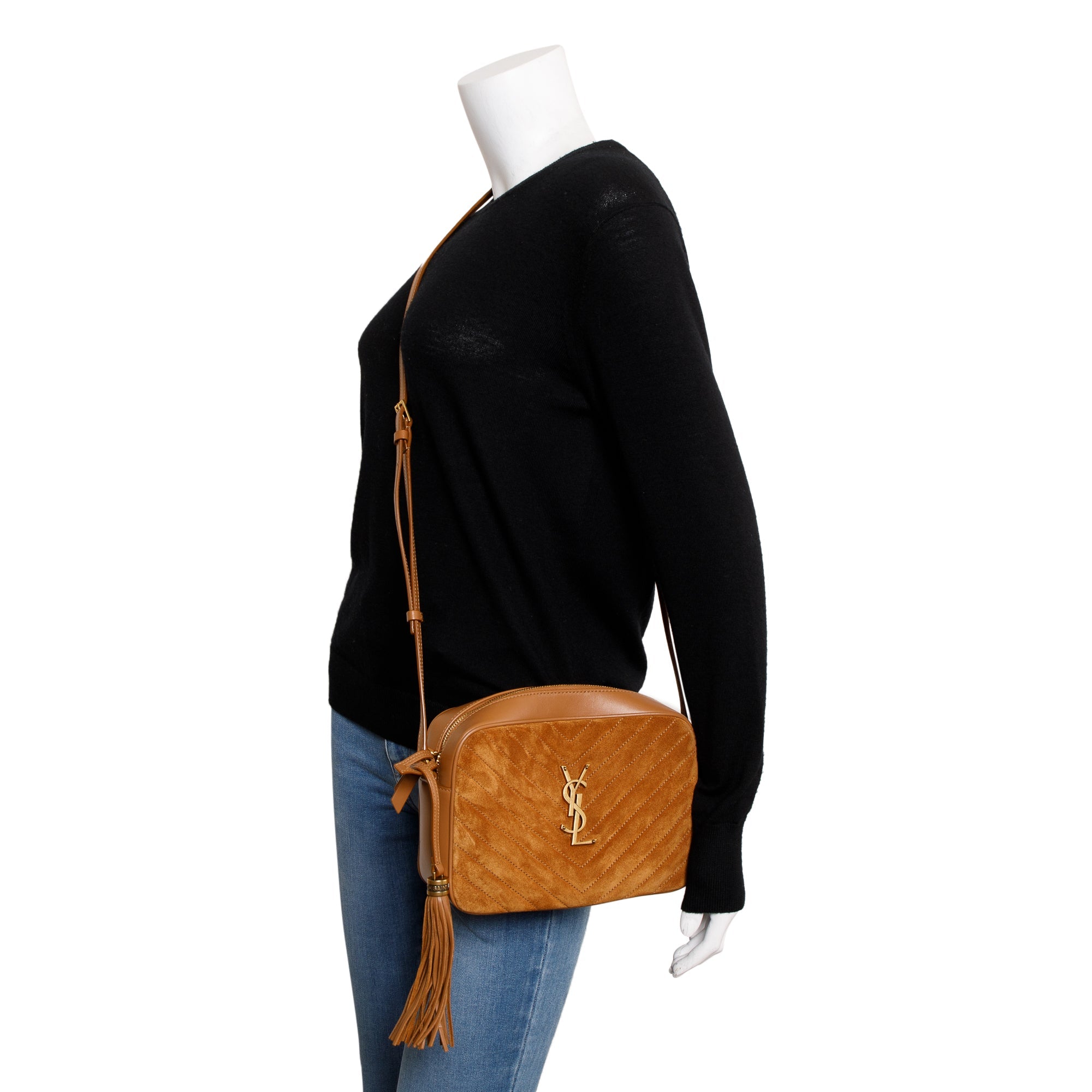 Saint Laurent 2023 Brown Quilted Suede & Smooth Leather Lou Camera Bag w/ Box