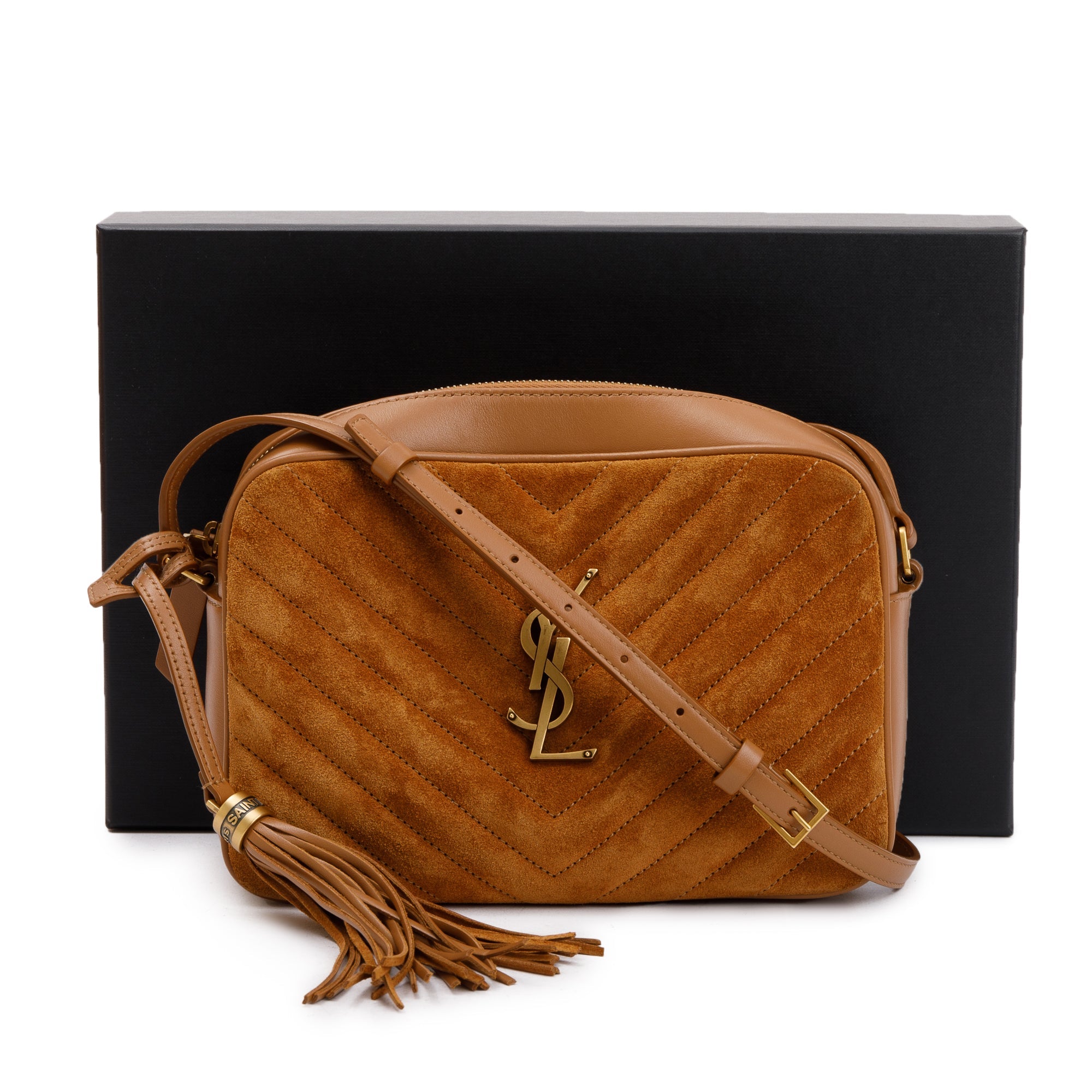 Saint Laurent 2023 Brown Quilted Suede & Smooth Leather Lou Camera Bag w/ Box