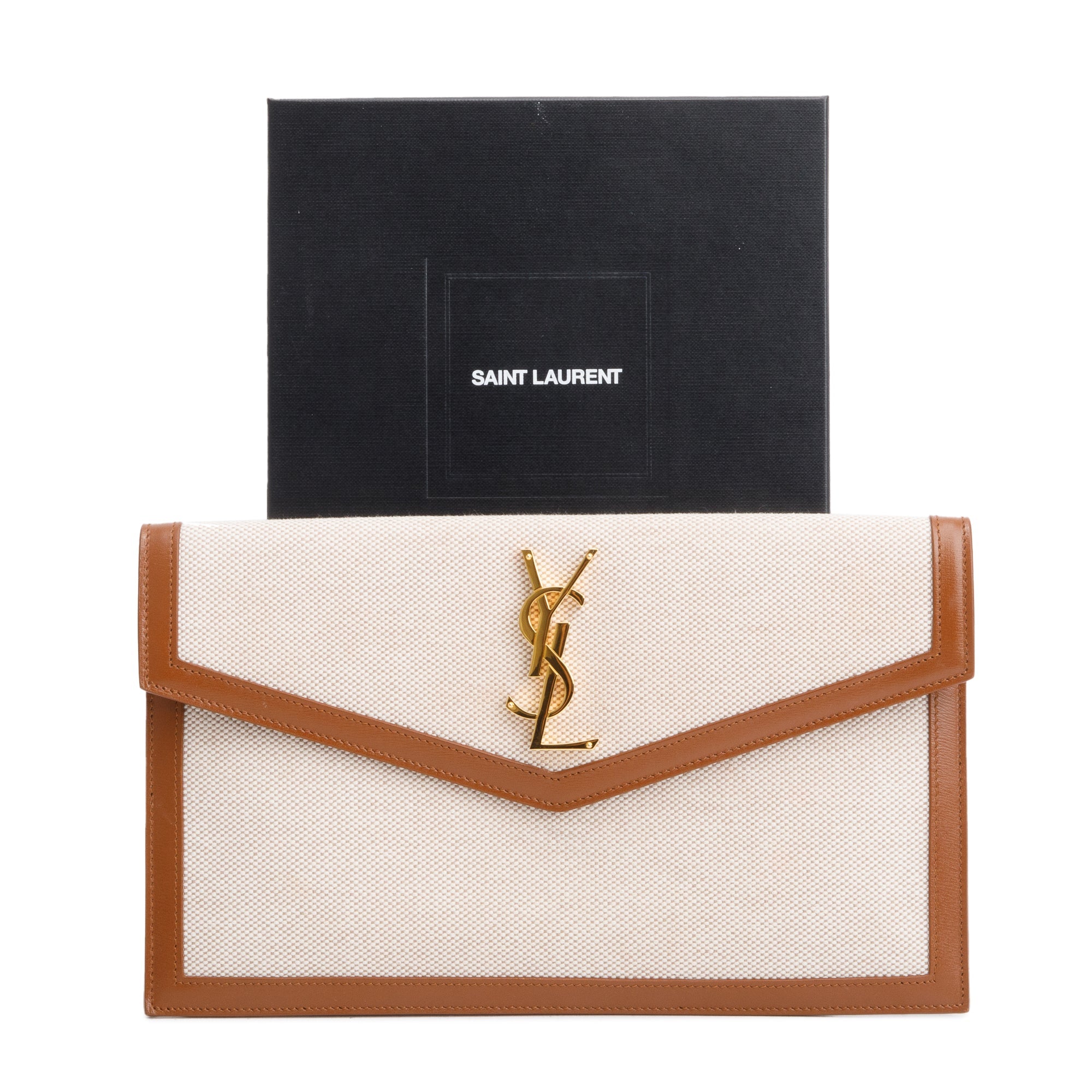 Saint Laurent 2023 Neutral Canvas Brown Smooth Leather Uptown Pouch w/ Box