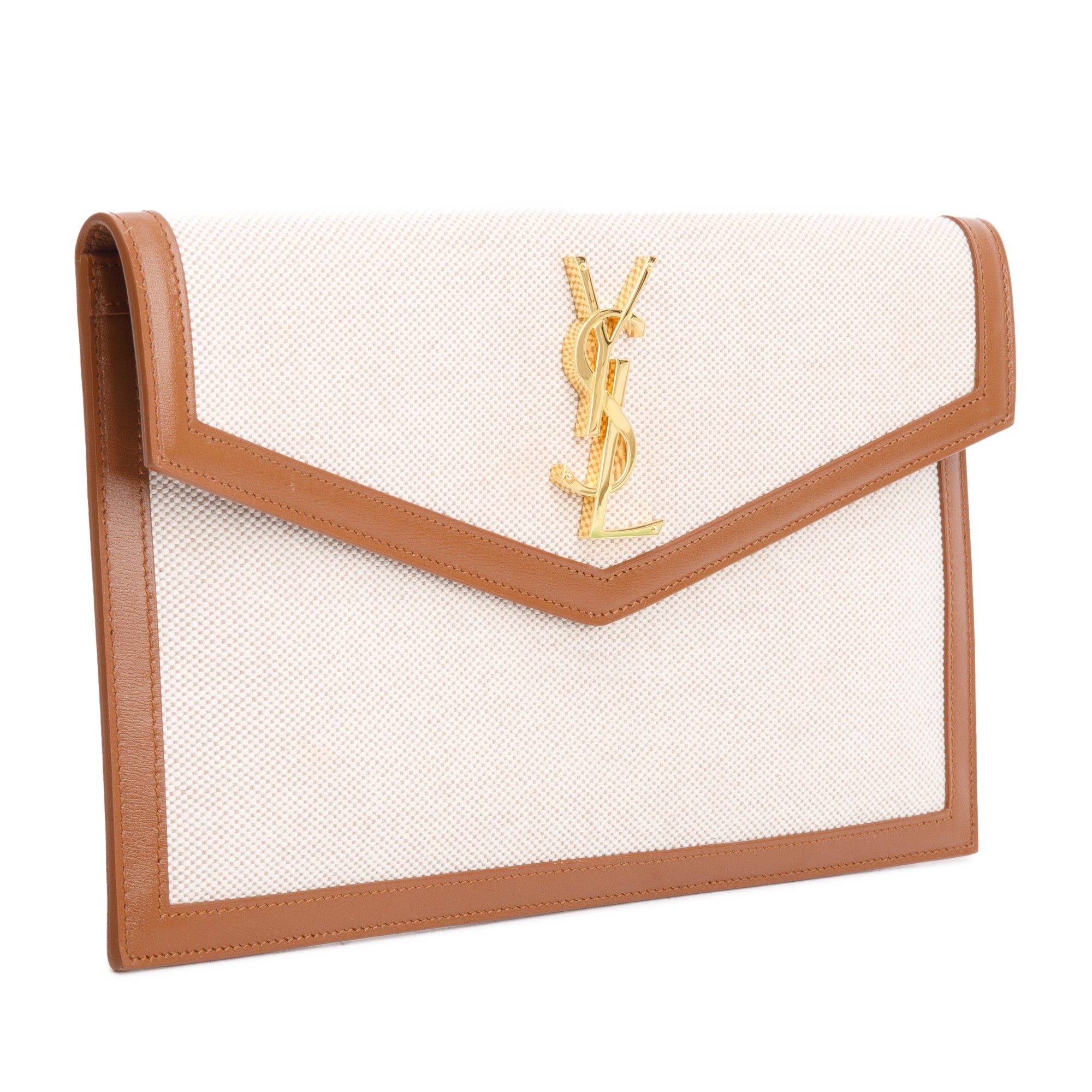 Saint Laurent 2023 Neutral Canvas Brown Smooth Leather Uptown Pouch w/ Box