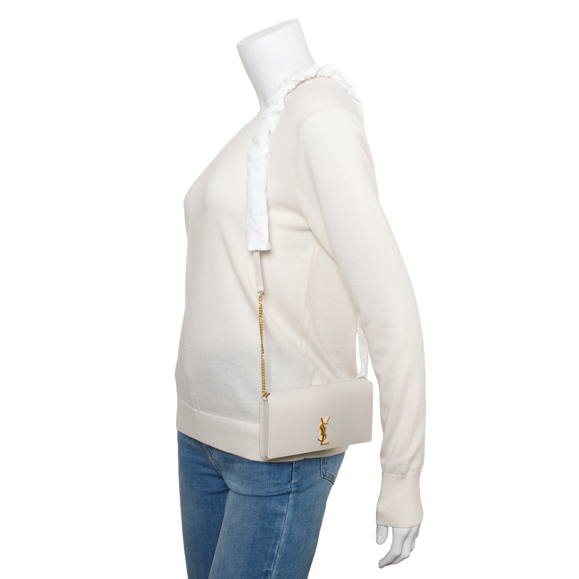 Saint Laurent 2023 White Smooth Leather Cassandre Phone Holder Bag w/ Box