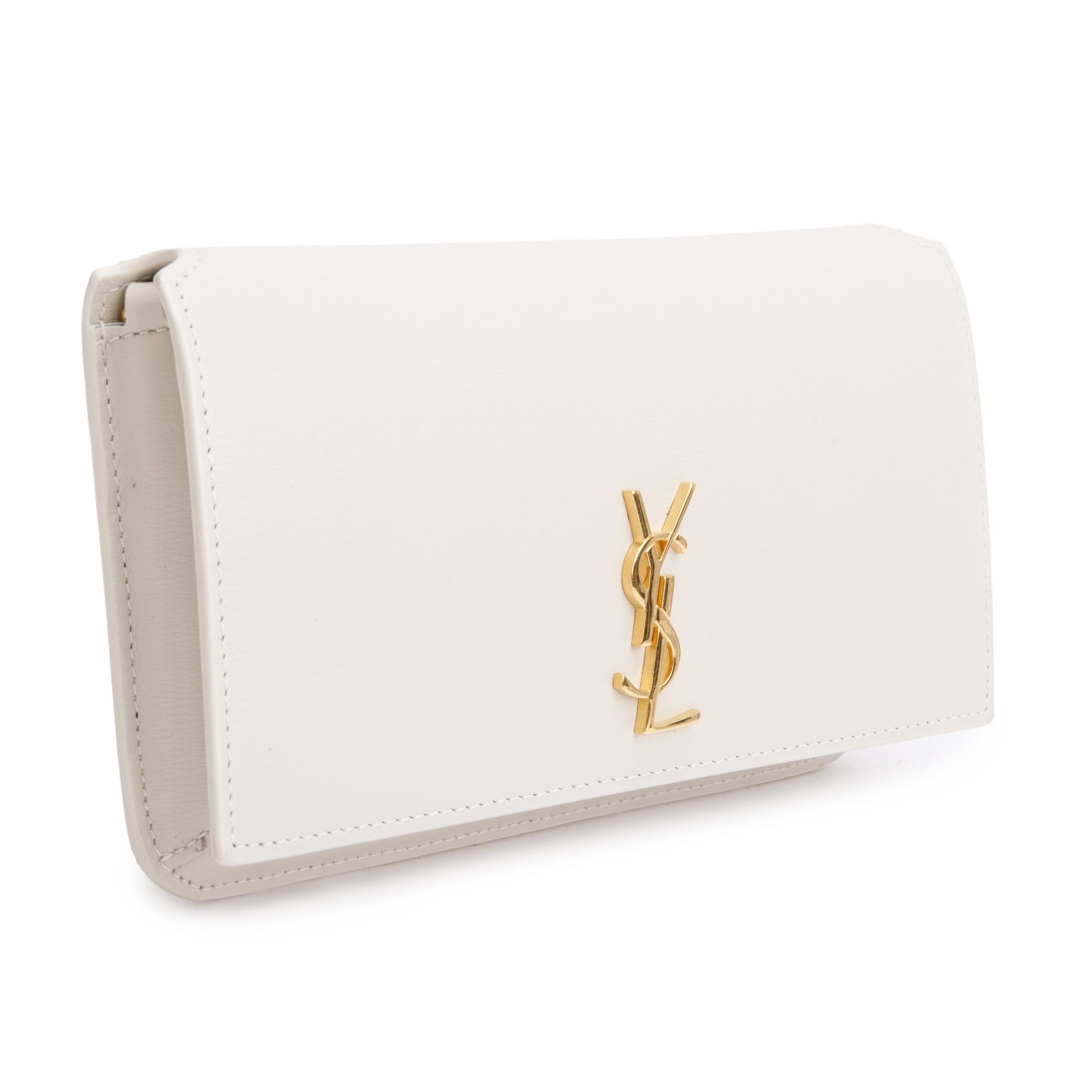 Saint Laurent 2023 White Smooth Leather Cassandre Phone Holder Bag w/ Box